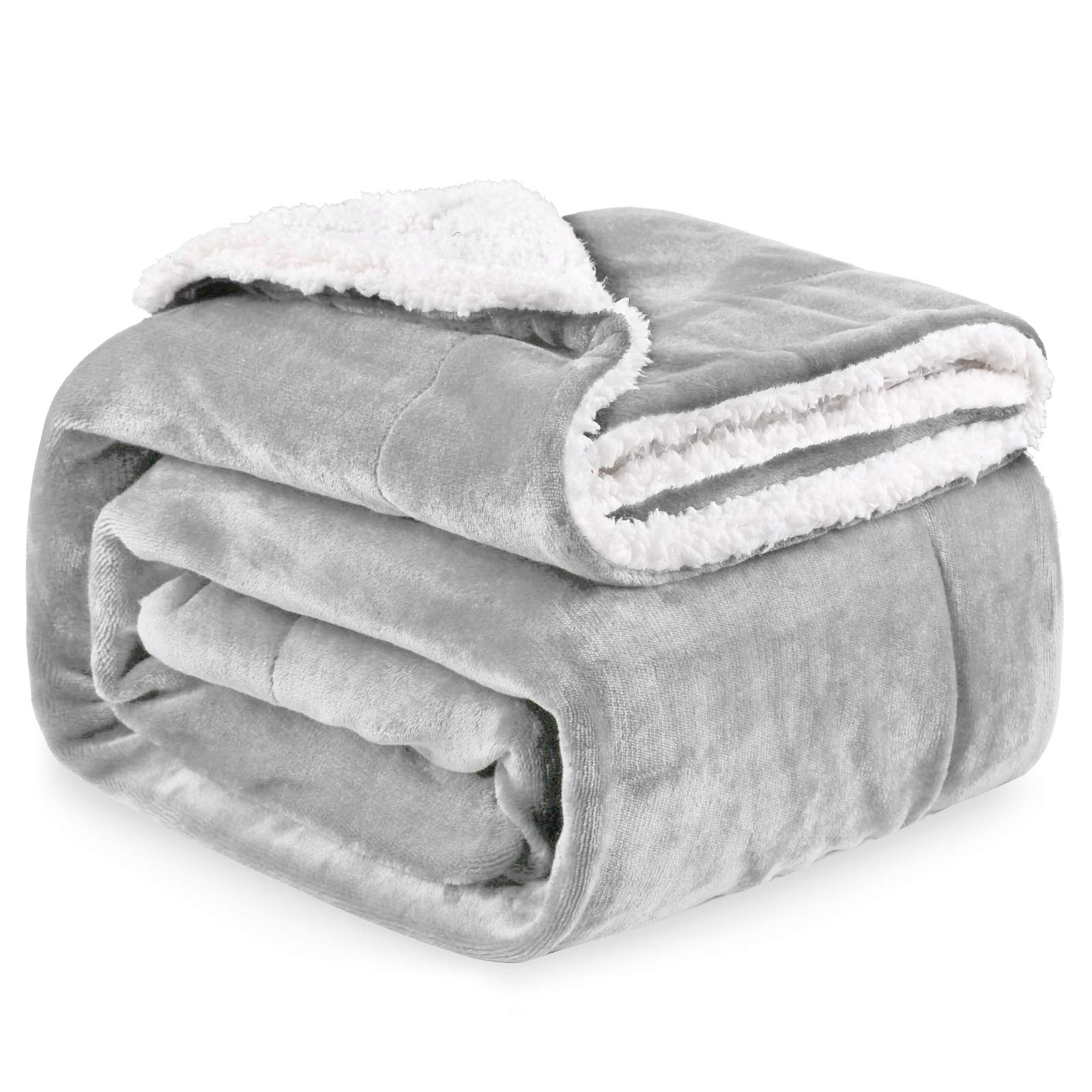 Premium Flannel Sherpa Fleece Throw Blanket Twin Size, Lightweight, Soft, Warm and Cozy for All Seasons, Plush Fluffy Bed Blanket for Couch, Bed, Sofa, 60”x80” inches, Light Grey