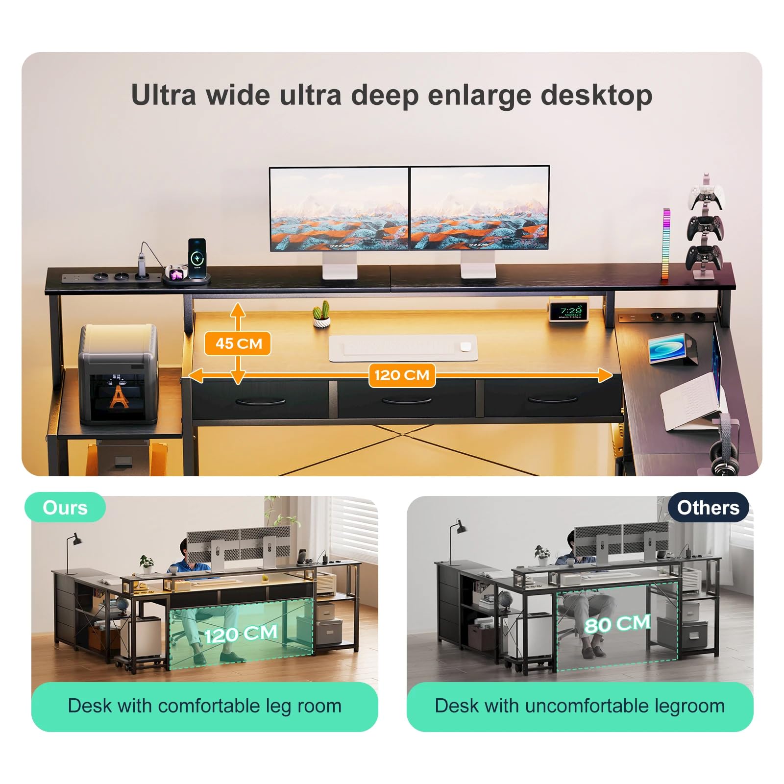 Schreibtisch L Form mit Schubladen, Gaming Tisch mit Steckdose, LED & Monitorständer, 200 x 146cm, 7 Stoffschubladen, Computertisch für Büro Arbeitszimmer Schlafzimmer (Schwarz)
