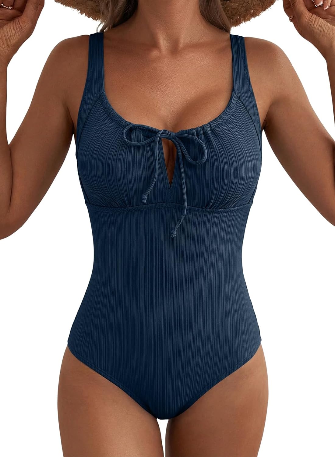 Aleumdr Womens Textured One Piece Swimsuit Tummy Control Bathing Suit Tie Knot Cutout Swimwear