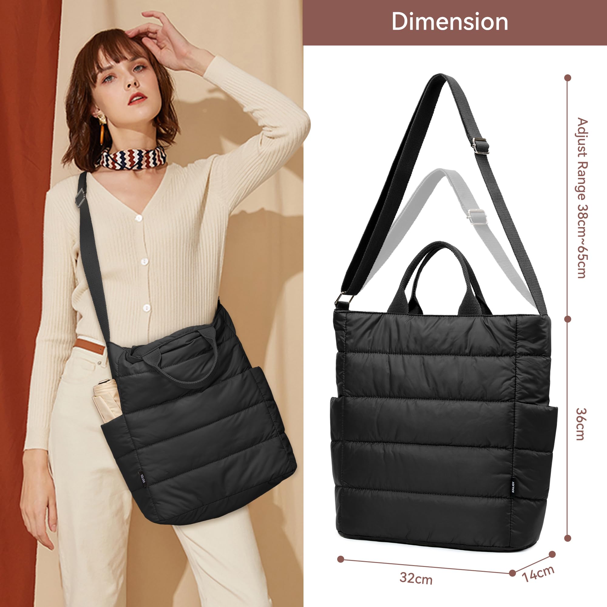 KALIDI Pikowana torba na ramię, puffer hobo, torba na laptopa, odporna na zachlapanie, crossbody, zamek błyskawiczny, torba na ramię, duża, na co dzień, do pracy, na co dzień, damska