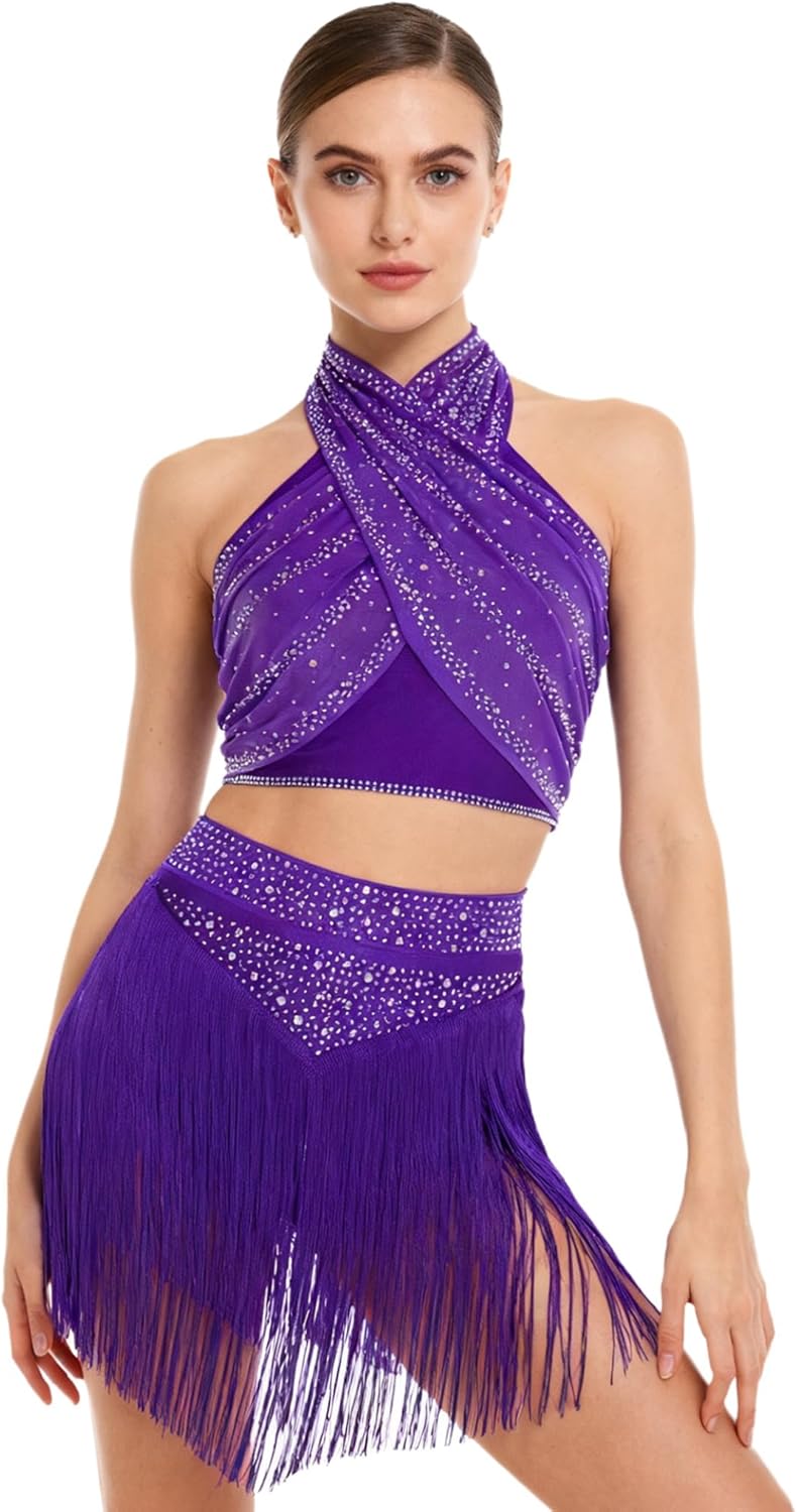 [Sywiyi] 女性用 チャチャ サルサ ラテンダンスコスチューム ハルター バックレス 光沢のある リュッシュド クロップトップ
