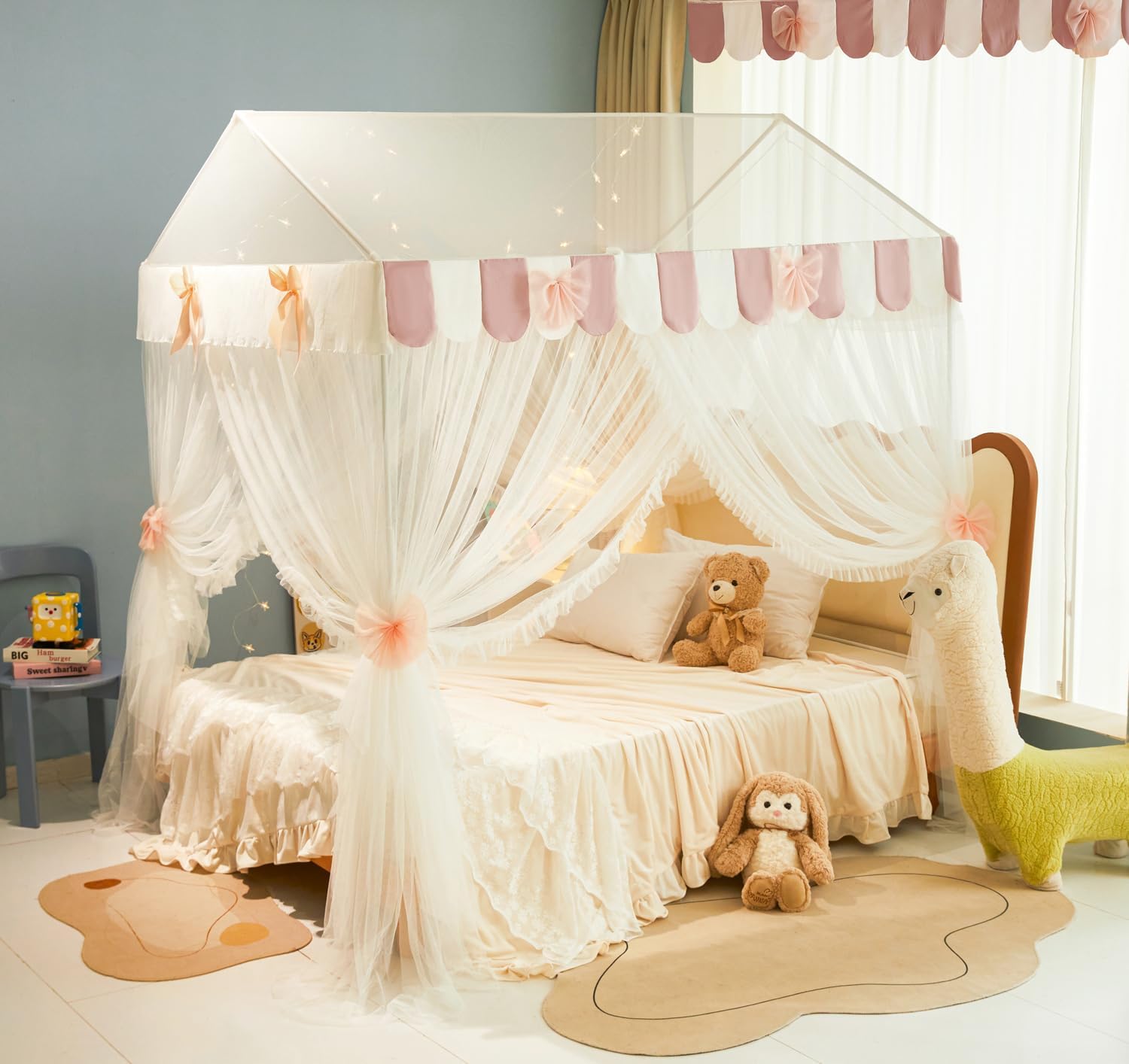 Mengersi House Bed Canopy for Girls Bunk Bed Canopy Bed Curtains with Lights,Montessori House Bed Drapes Twin Size Bed (Twin, White)