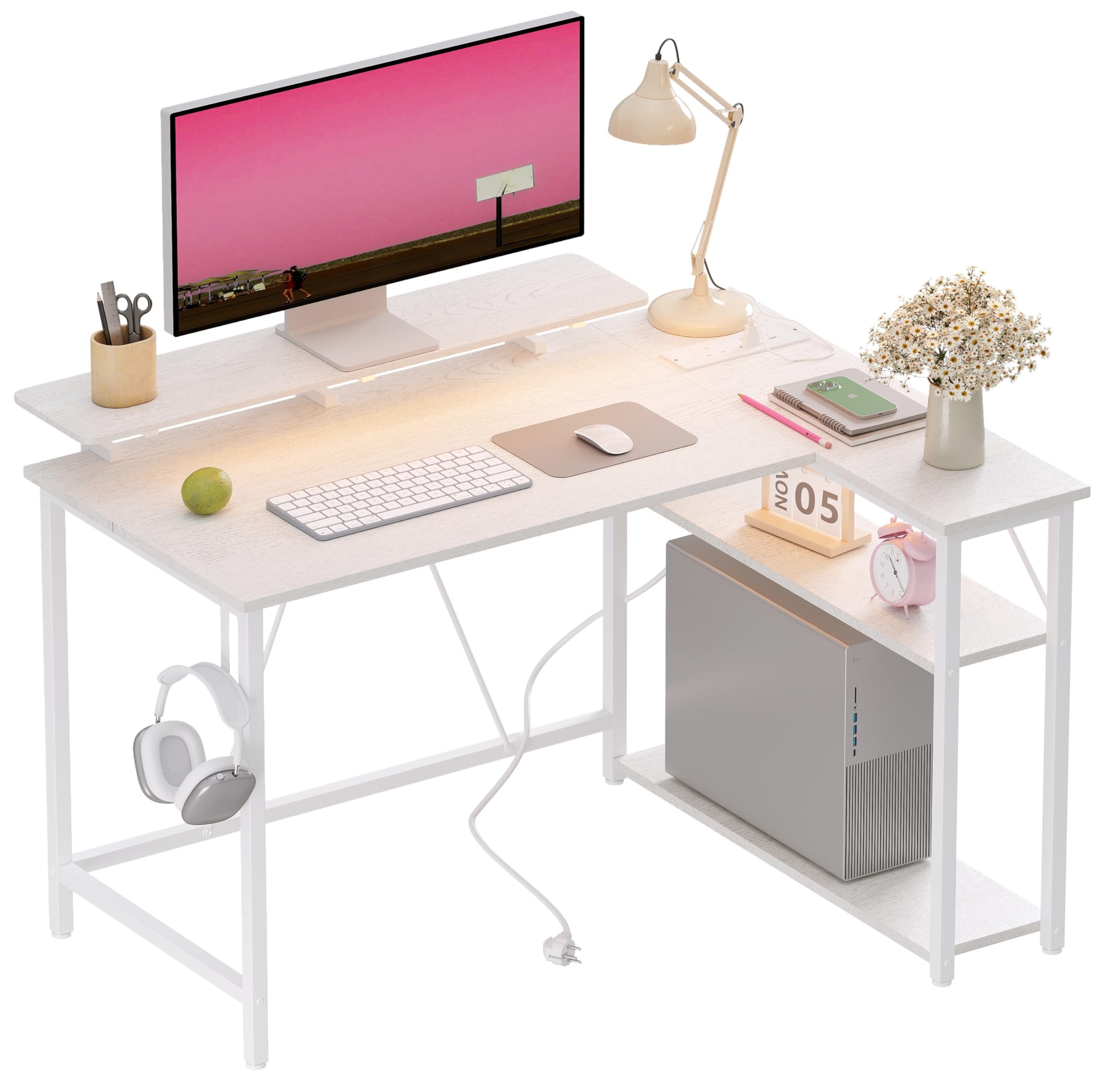 Mesa Gaming en Forma de L con Luces LED RGB y Tomas de Corriente, Pequeño Escritorio de Ordenador de 100 x 80 cm con Estantes Regulables, Blanca