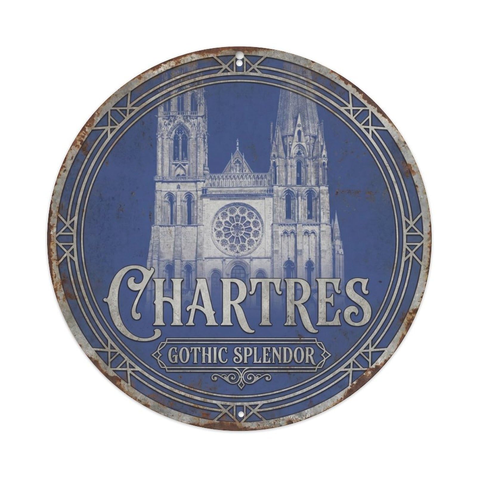 Vintage Travel Chartres Cathedral France Metal Tin Sign Plaque Wall Decor for Cafe, Club Bar, Office, Home Garden Round Metal Poster 8x8Inch