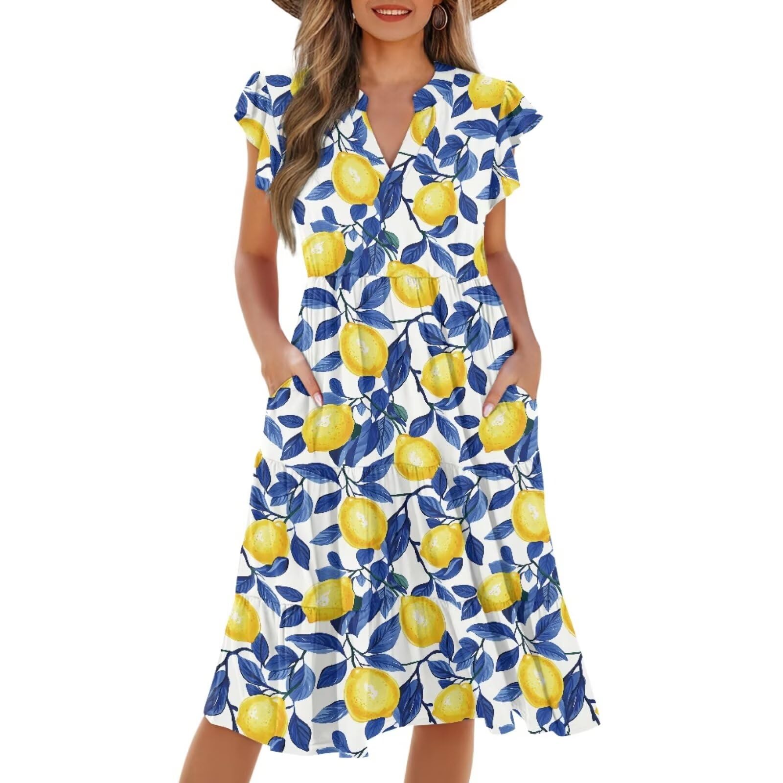 Womens Summer Dress Ruffle Sleeve V Neck Dress Casual Fit Flowy Beach Vacation Sundress with Pocket S-2XL