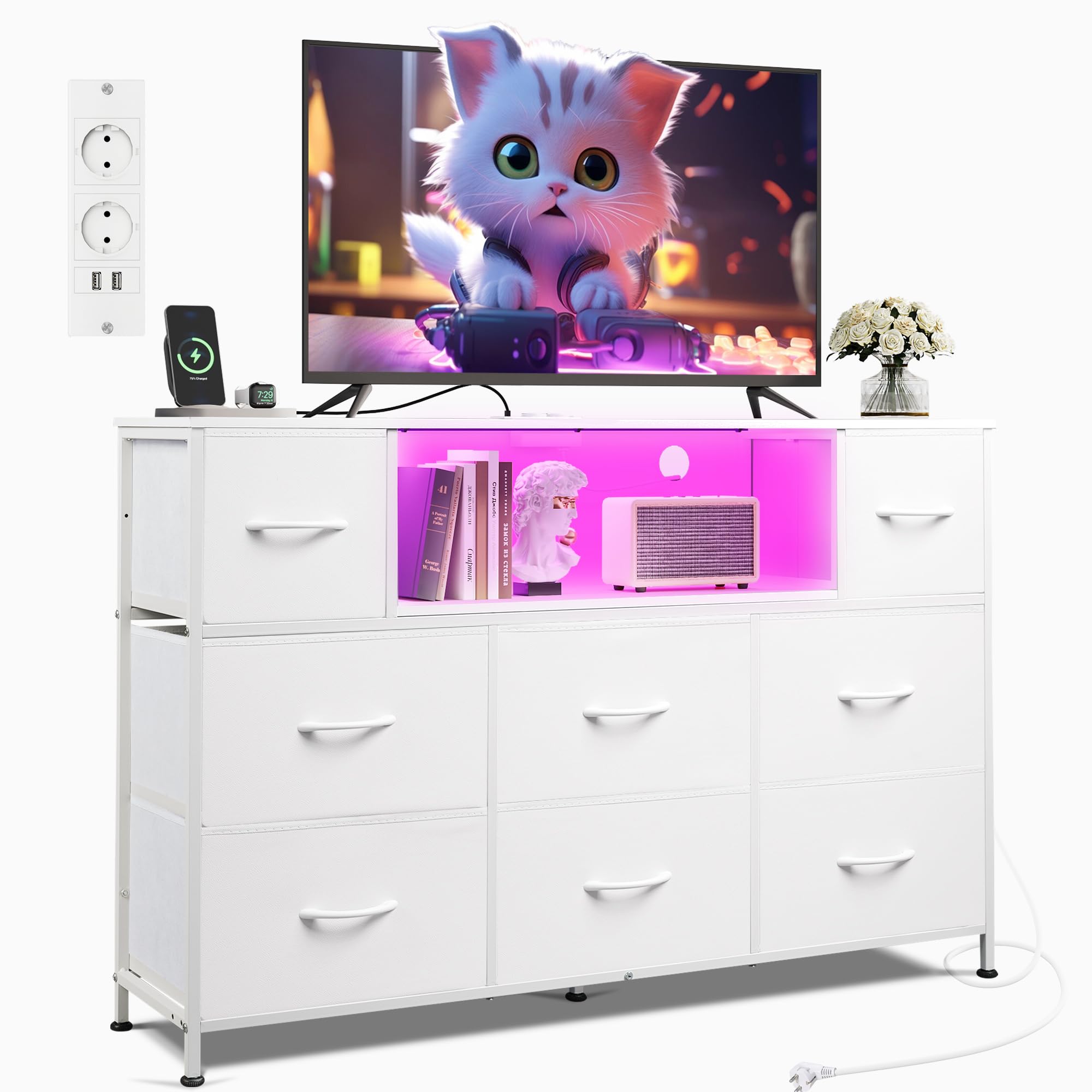 WLIVE Kommode, 8 Stoffschubladen,Schubladenkommode mit Steckdosen, vielseitige Schubladenkommode für Schlafzimmer und Wohnzimmer, mit stabilem Stahlrahmen und Holzplatte,120 * 30 * 79 cm