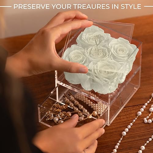 Miniatura 7 de VLove 4 rosas blancas Forever en una caja azul y 5 rosas blancas Forever en una caja acrílica, rosas reales que duran más de un año, caja de rosas