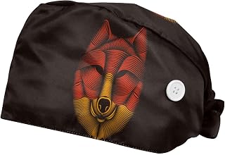 Line Art Illustration of a Wolf Head 2 Pack Adjustable Working Cap with Buttons Elastic Bouffant Hats Head Scarf with Sweatband for Women Men