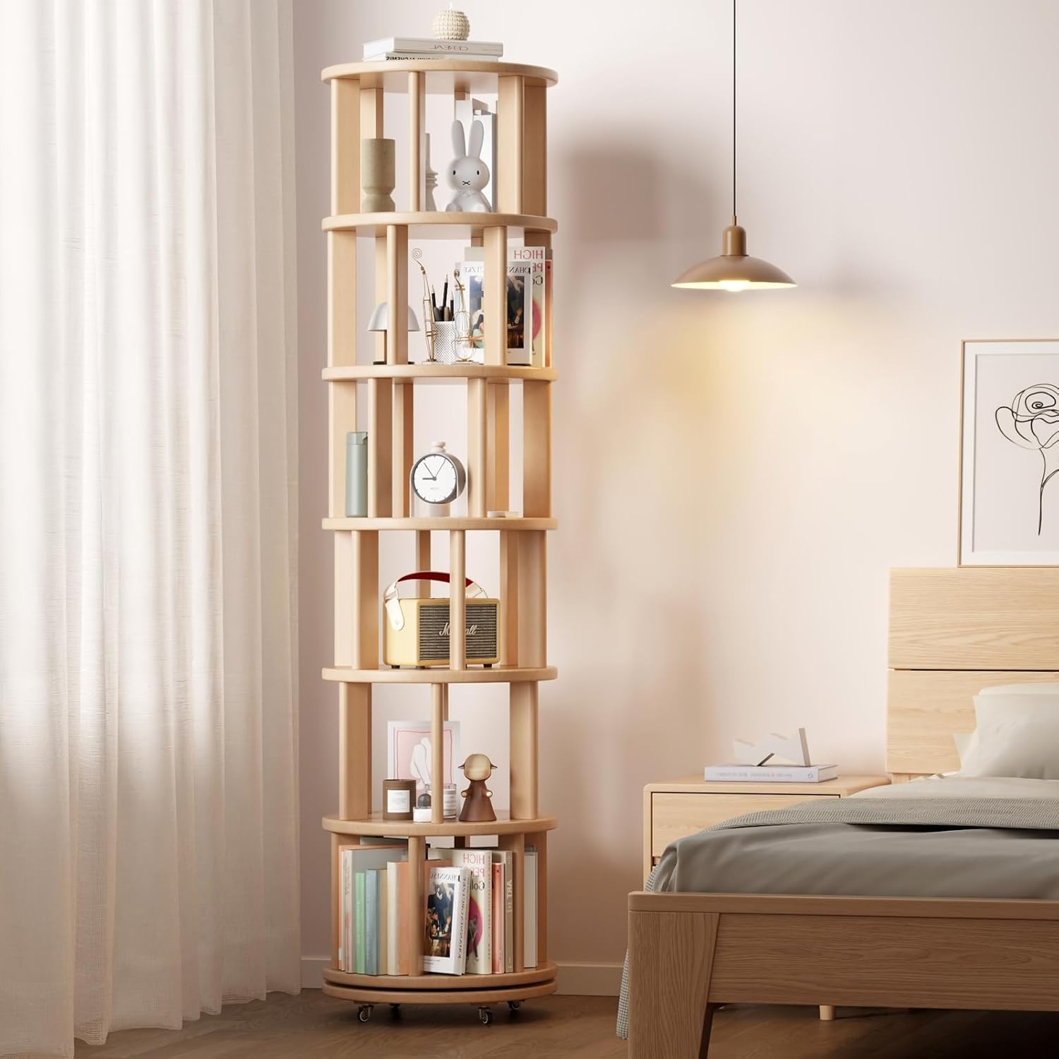 Tour d'étagères rotative en bois de 6 étages avec roues, étagères rotatives à 360° pour adultes et enfants, chambre à coucher, salon, bureau, coin, étagères rotatives naturelles (Couleur du bois brut)