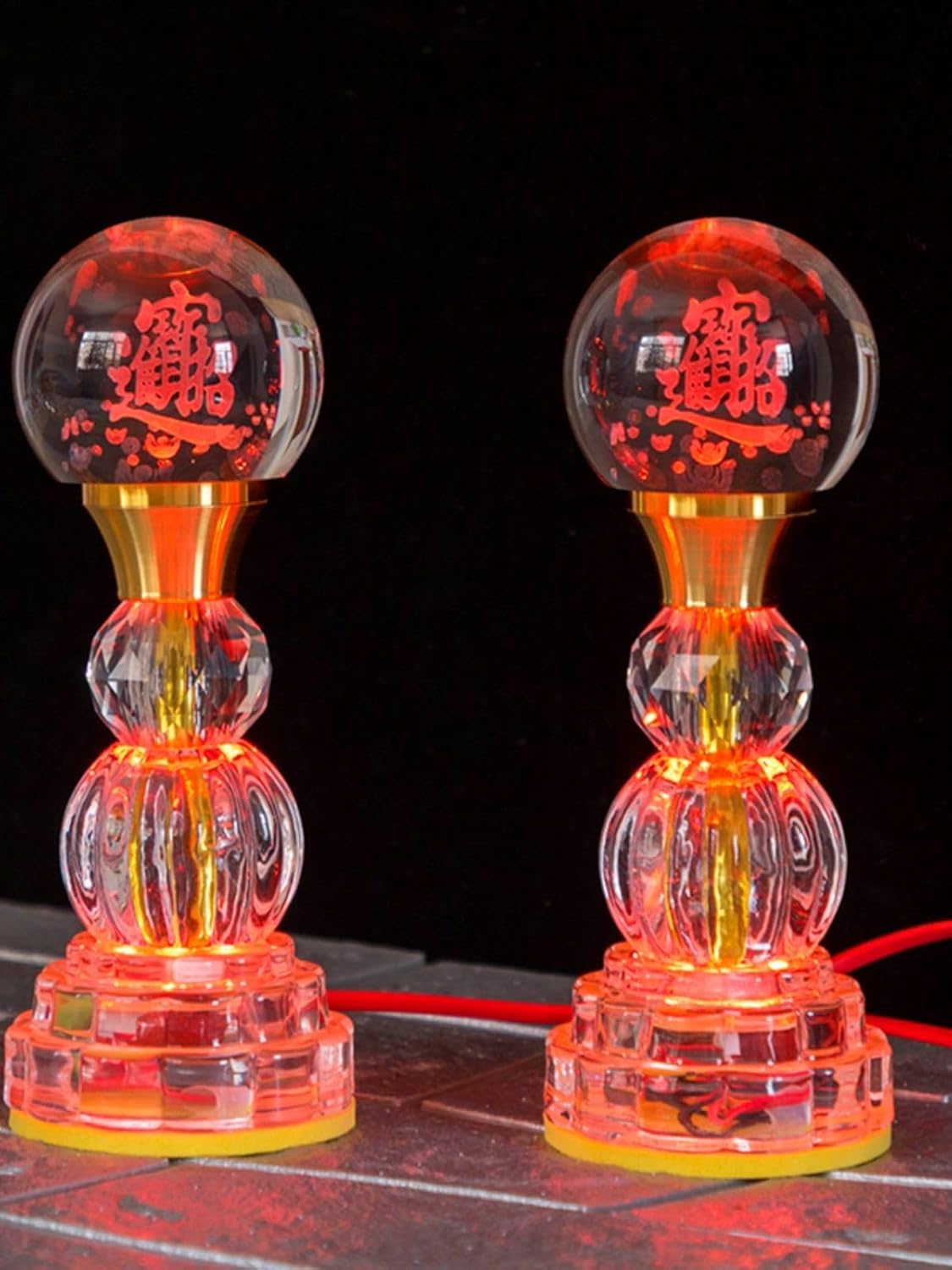 Ecqizer （ 三珠大号仙字球[单一颜色黄光] 一对 高35.5CM ） Crystal lotus lamp Bodhisattva plug-in Buddha lamp lotus lamp Guanyin ever-bright lamp Buddha front lamp colorful lamp LED pair, 9113036677922