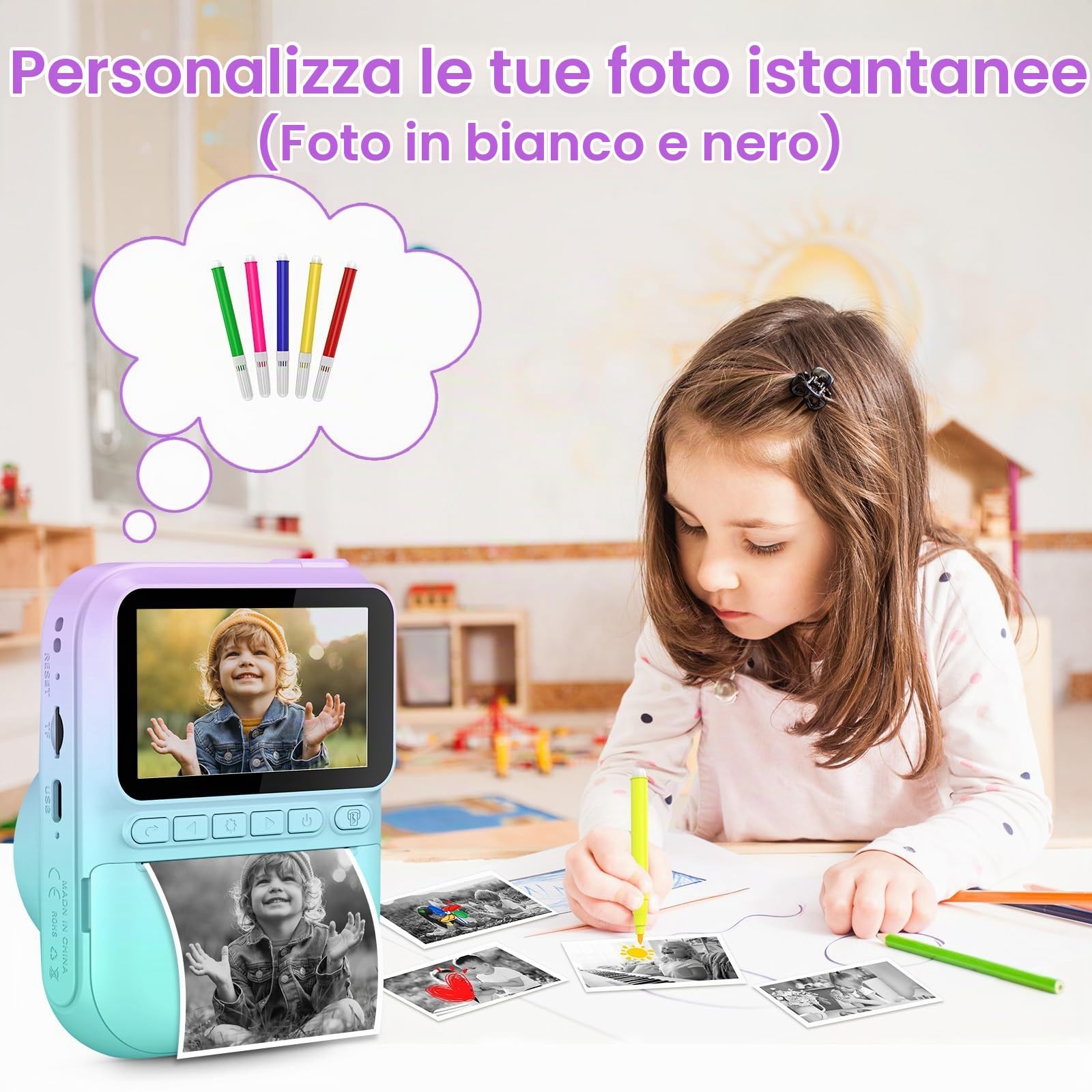 GREENKINDER Macchina Fotografica Bambini Istantanea, 3,0 Pollici 14MP Fotocamera Istantanea Bambini con 32GB Scheda, 1080P Fotocamera Digital per Bambini, Giocattolo Regalo per Bambino da 3-12 Anni