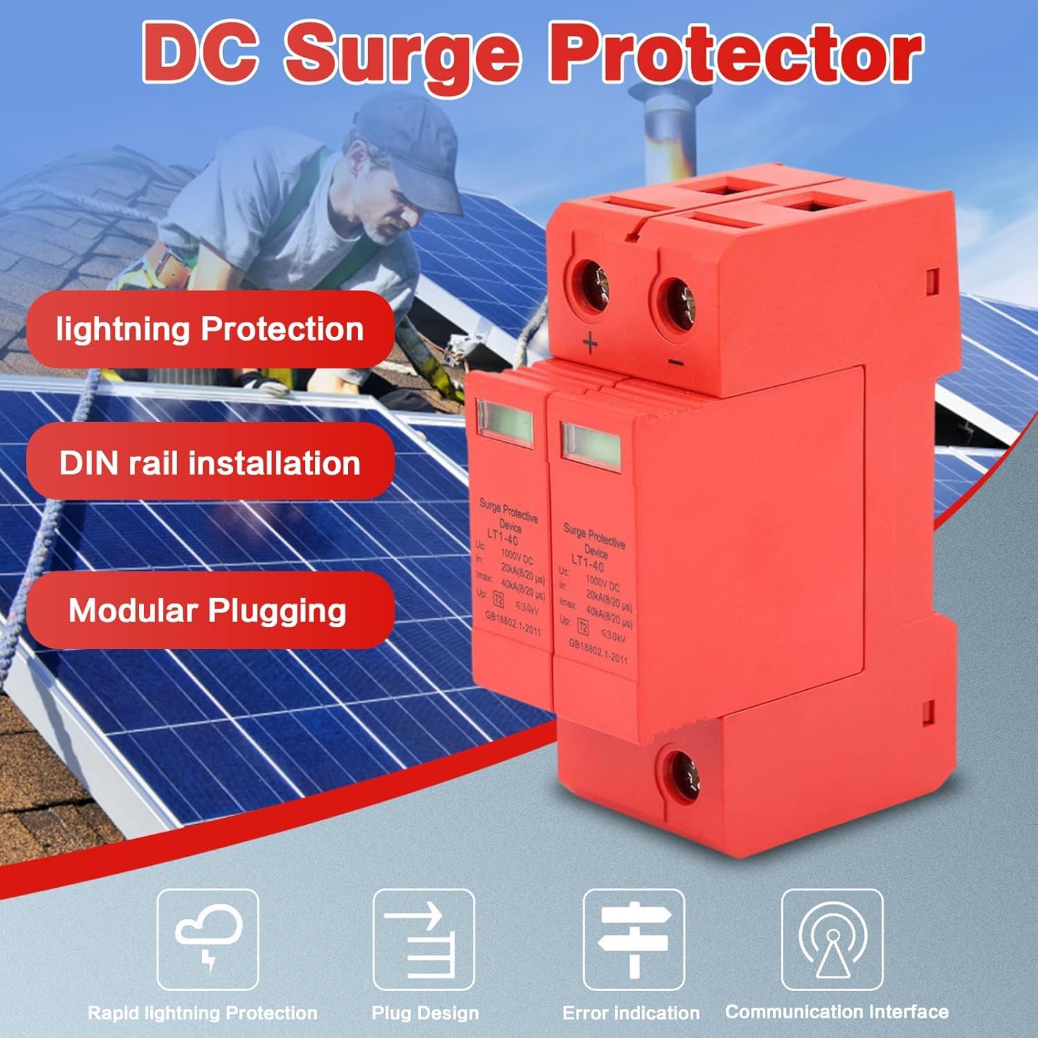 DEWIN Scaricatore di Sovratensione DC 1000V 2P 20KA~40KA Dispositivo di Protezione Contro Le Sovratensioni