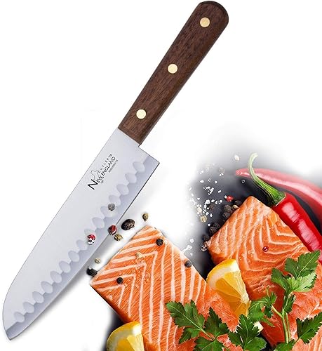 New England Cutlery Cuchillo de chef Pro Santoku de acero inoxidable de alto carbono de 7 pulgadas con borde afilado de afeitar con mango de madera