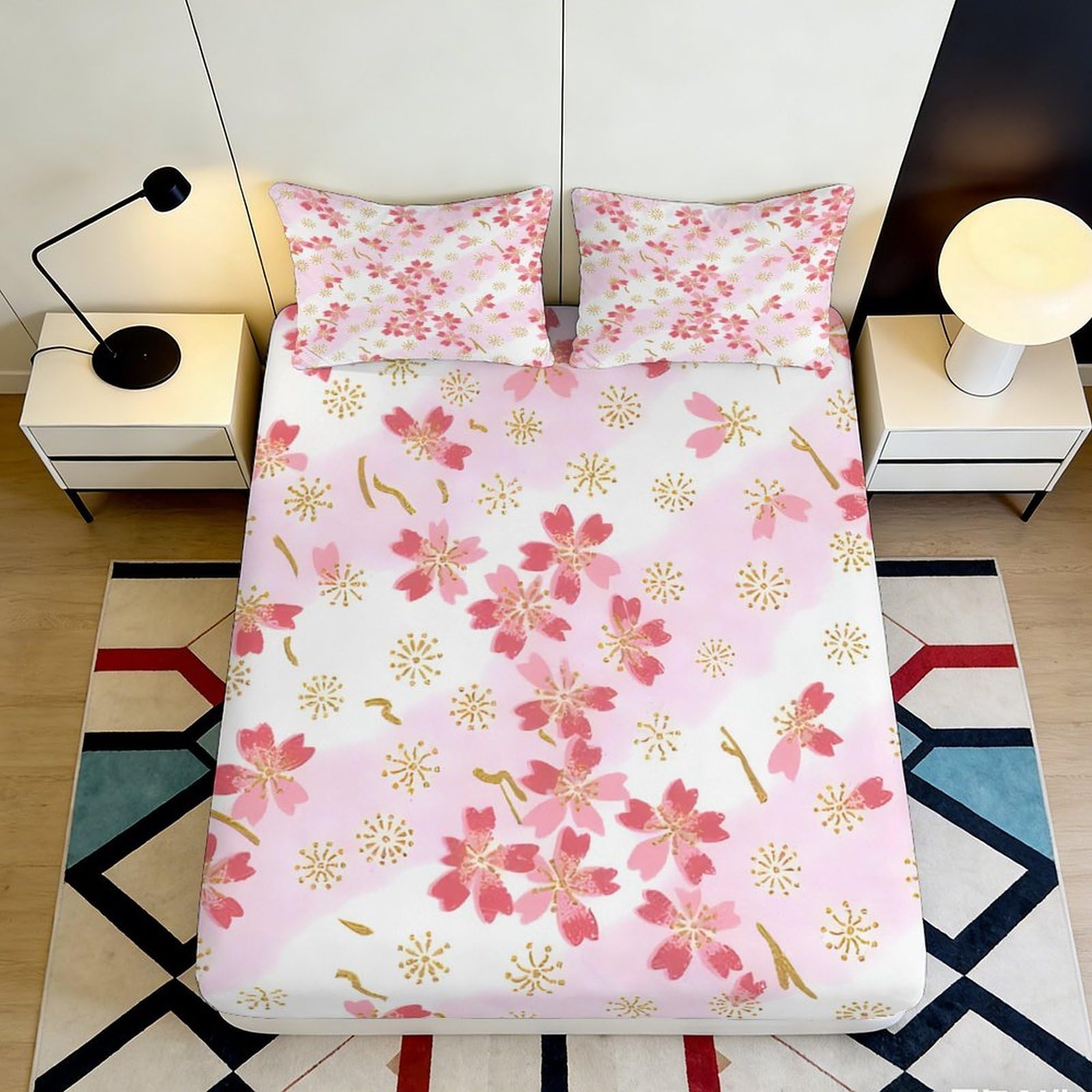 3D Printed Sakura Blossom Fitted Sheet Microfiber Soft Pink Floral Mattress Cover for Bedroom Guest Room Decor 90x200x25cm