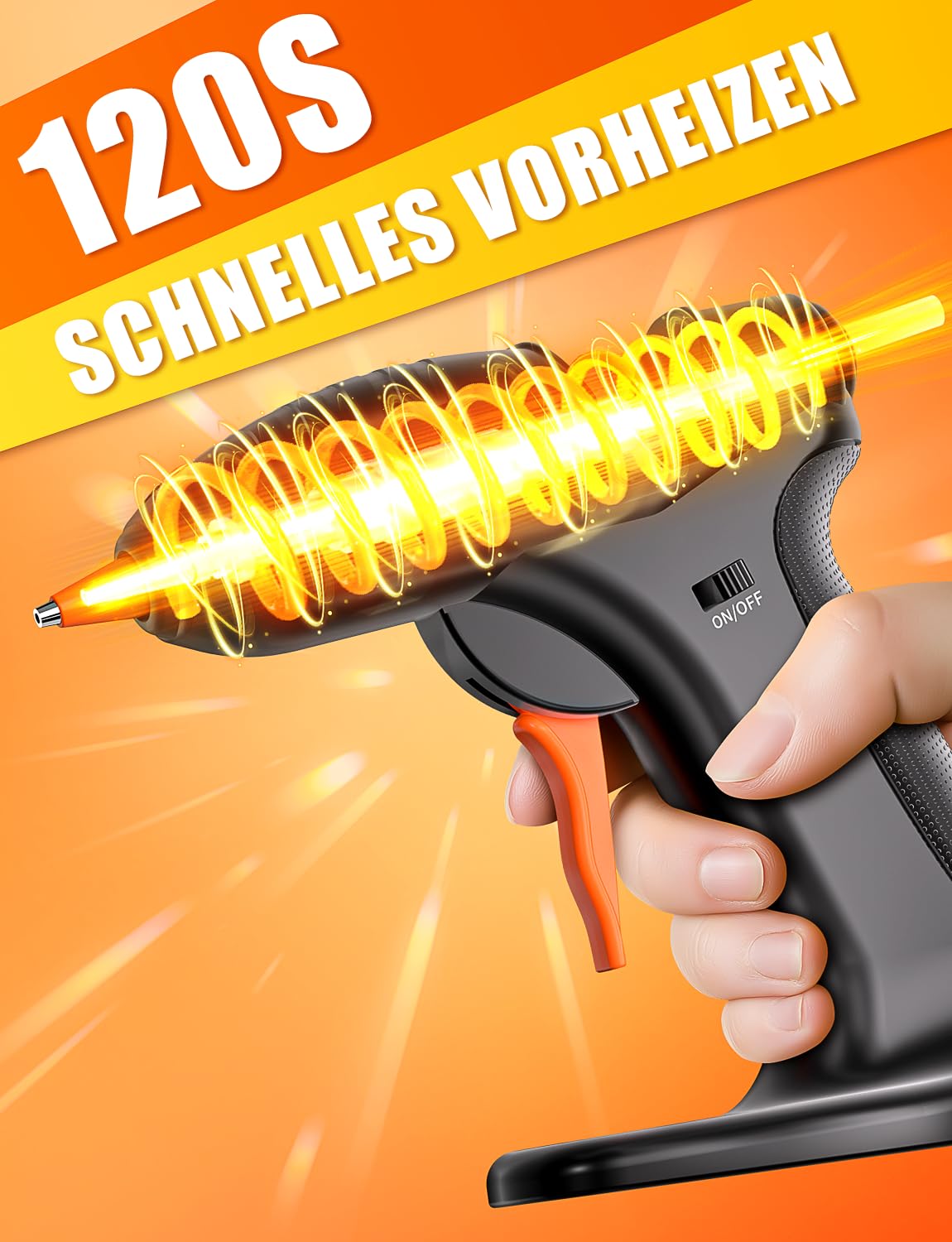 BURNNOVE Heißklebepistole Akku Heissklebepistole Kabellos mit 3000mAh Akku USB-C Aufladung Schnell Aufheizend 40 Stk 7mm*150mm Klebestifte Tropfsicher Ideal für DIY Basteln Reparatur Zuhause und Büro