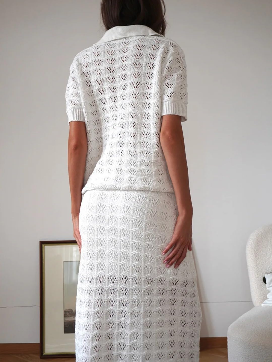 Women Leisure Knitted Hollow Out Lapel Short-Sleeved Long Skirt Suit (White,Large)