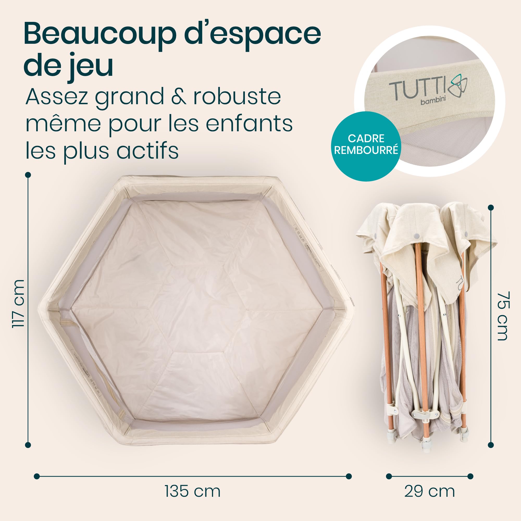 Tutti Bambini Parc Bebe Pliable - Parc Enfant & Tout-petits - Parois en Maille & Porte Zippée - Tapis de Sol & Sac de Transport - 135 x 135 x 75 cm (Écru)