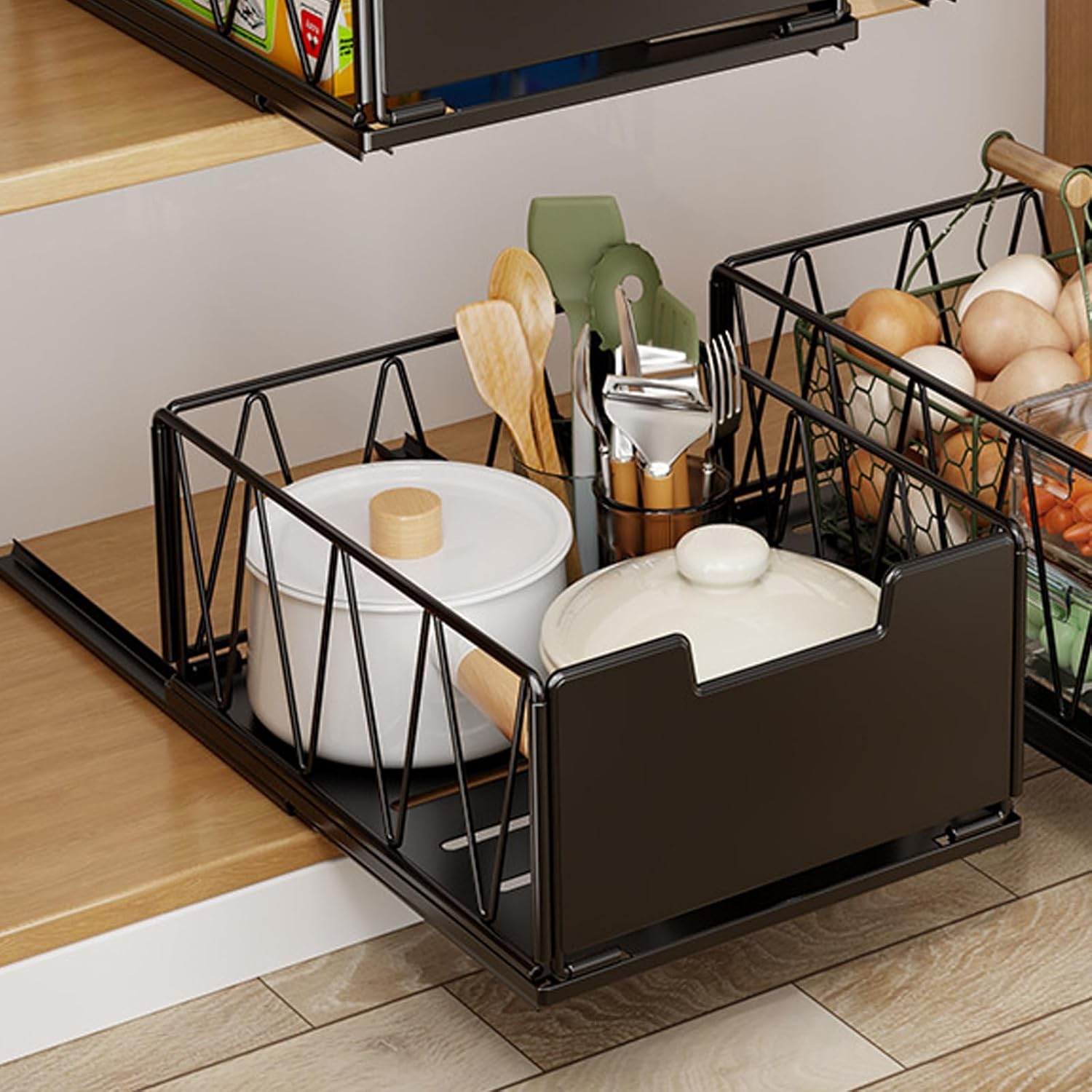 Under Sink Pull-Out Organizer - No Drill Carbon Steel Shelf with Quiet Slide Rails for Kitchen & Bathroom Cabinets - Adhesive Storage Solution (Black, 25x40x10cm)