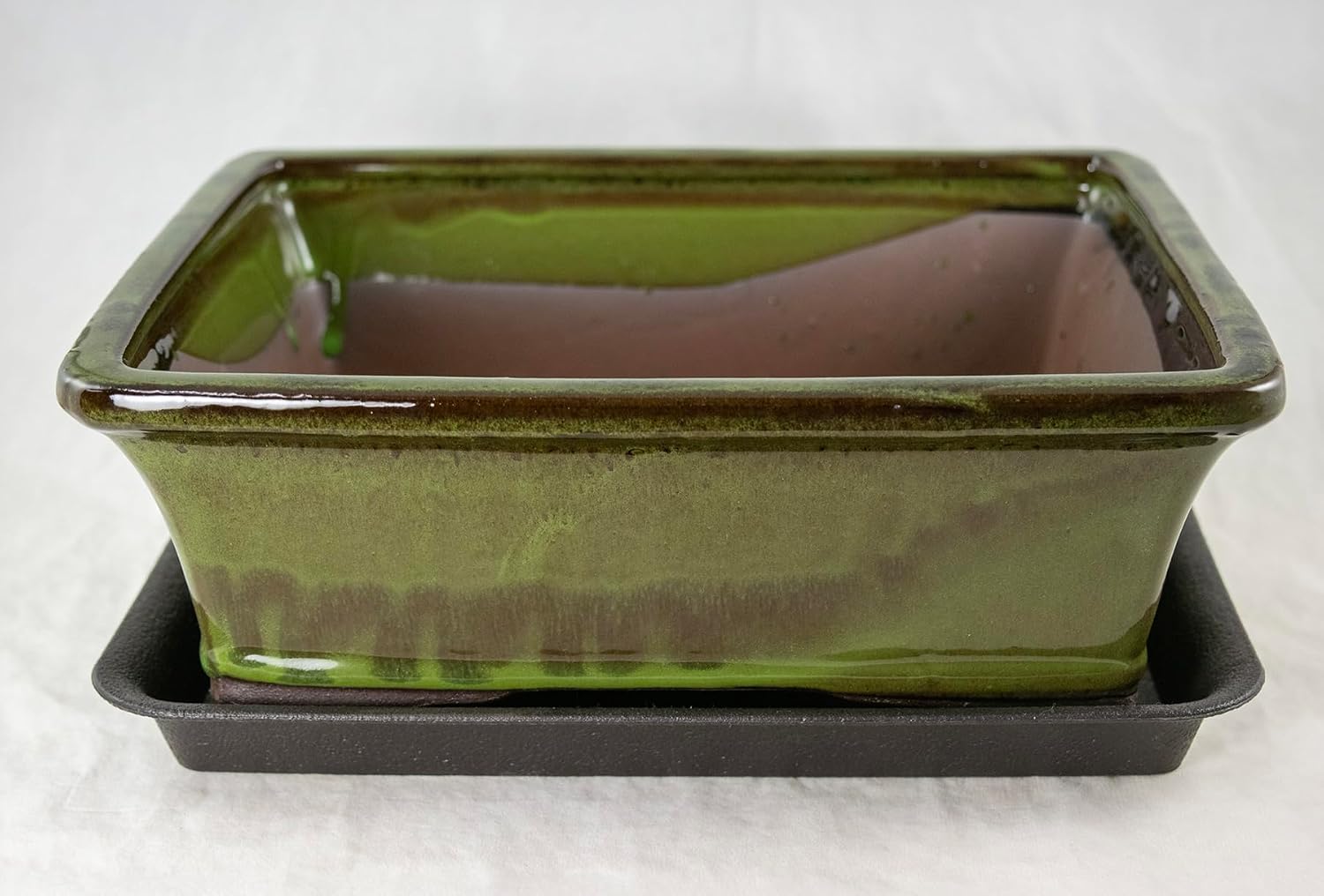 Yubonzai Rectangular Moss Green Glazed Bonsai Pot, Cactus & Succulent Planter with Mesh - 10"x 8"x 3.25" (Pot + MESH +Tray)