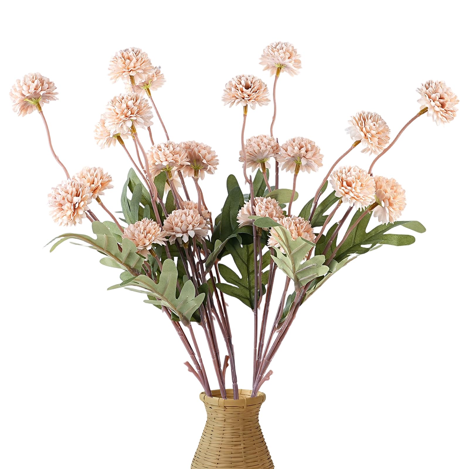 Emivery Beige Artificial Flowers 5PCS Faux Silk Pompon Mums Flower Bulk, Silk Small Mini Chrysanthemum with Long Stems for Fall Wedding Centerpieces, DIY Bouquet and Autumn Table Decor