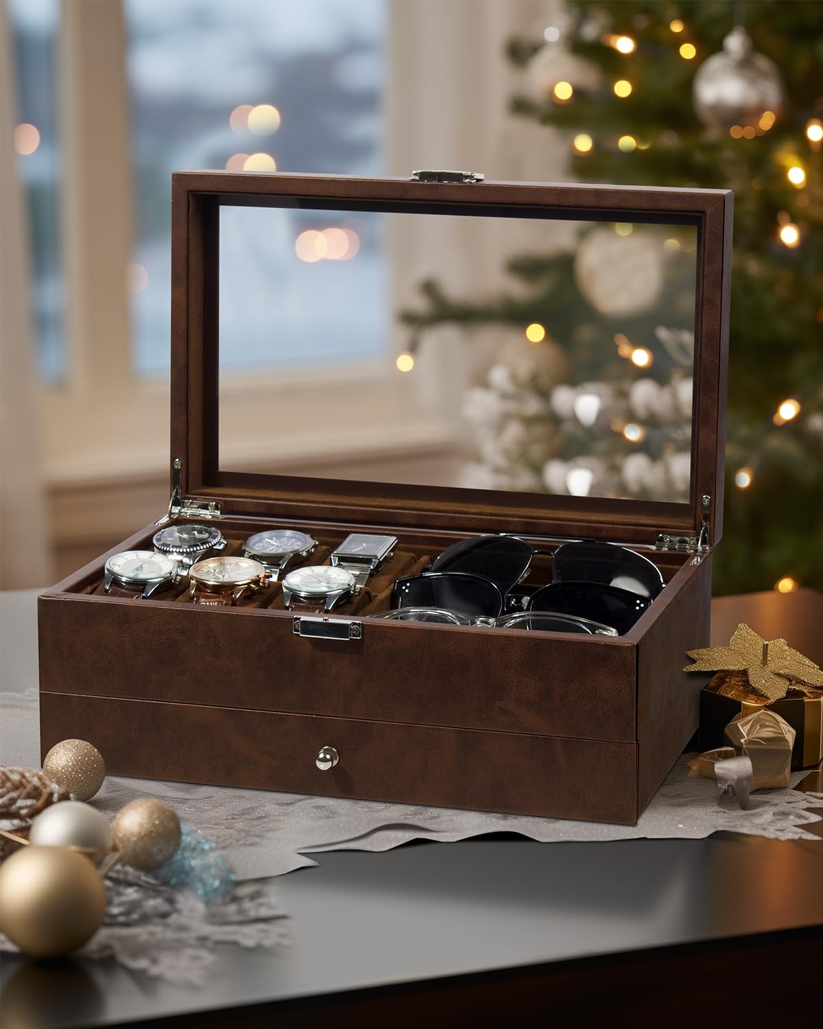 Uhrenbox, 6 Fächer, Uhrenetui, 3 Fächer, Brillen-Organizer, Herren-Schmuckschatulle mit transparentem Glasdeckel, doppellagig mit Schlüsselschloss, Geschenk, Braun