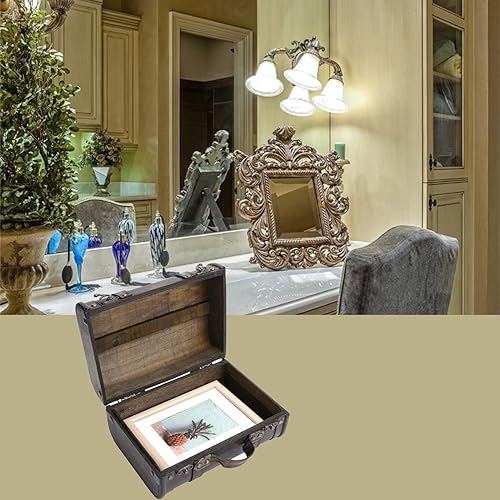 Miniatura 4 de Jerliflyer Maleta decorativa antigua, caja de almacenamiento de madera decorativa de gran capacidad, de cuero de madera, equipaje antiguo para