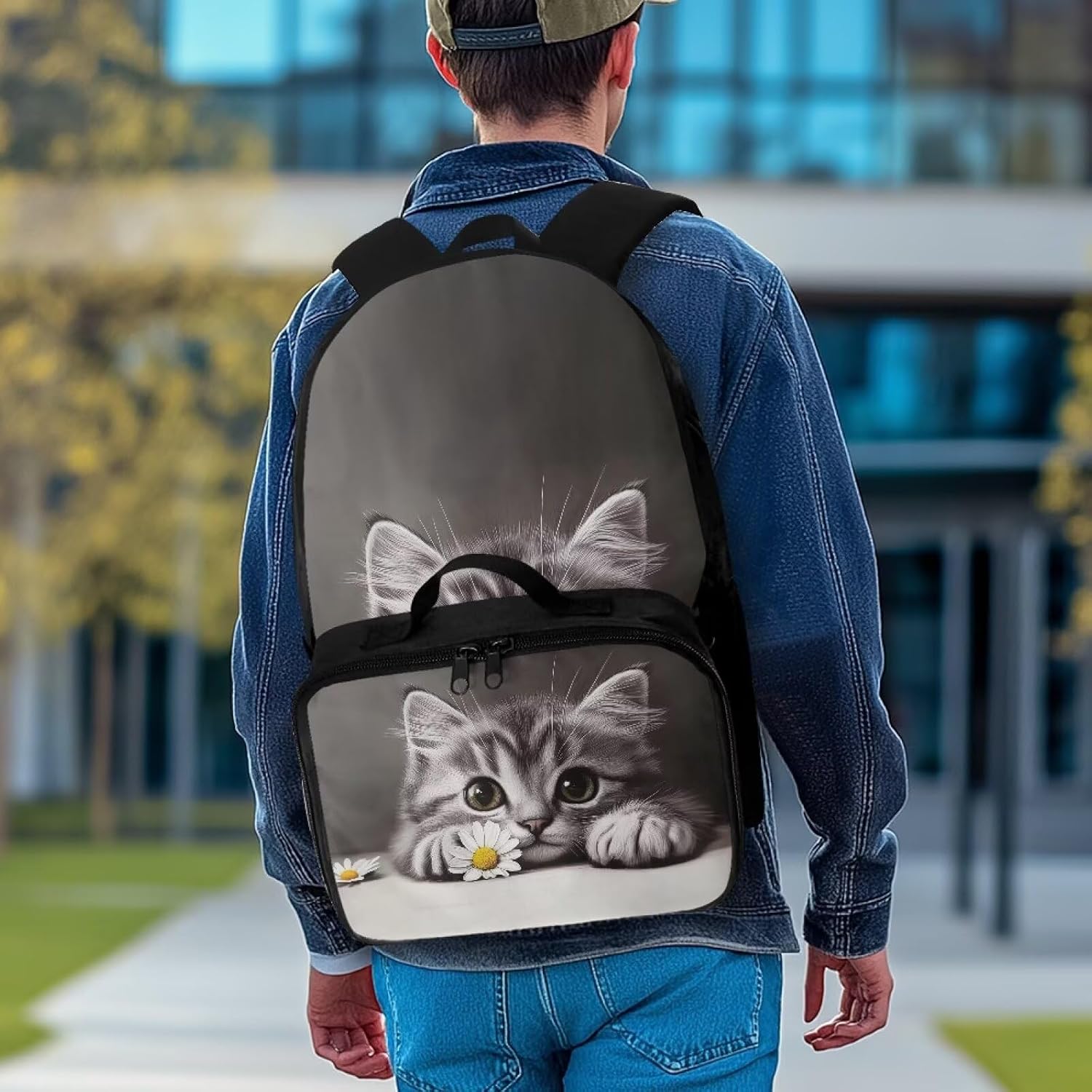Rnyleeg Cute Cat Backpack for Girls with Lunch Box 17 inch Kids Backpack for Girls Age 8-10 Lightweight School Bag for Primary School Mochilas Para NiñA