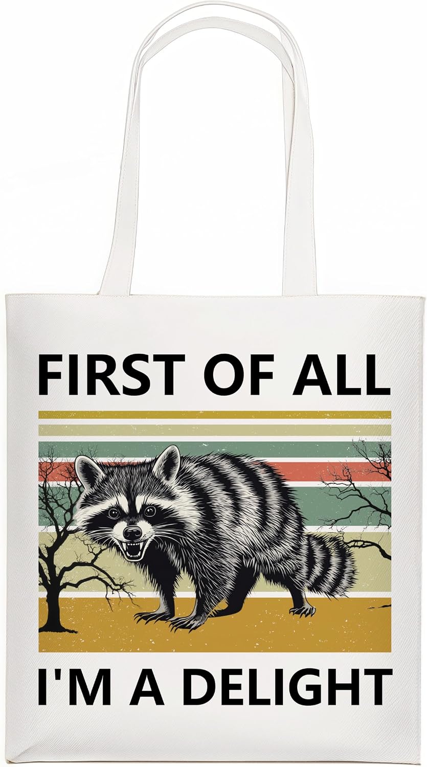 Funny Grumpy Raccoon Tote Bag, I am a Delight Raccoon, Humorous Canvas Shoulder Reusable Grocery Bag for Camping Shopping