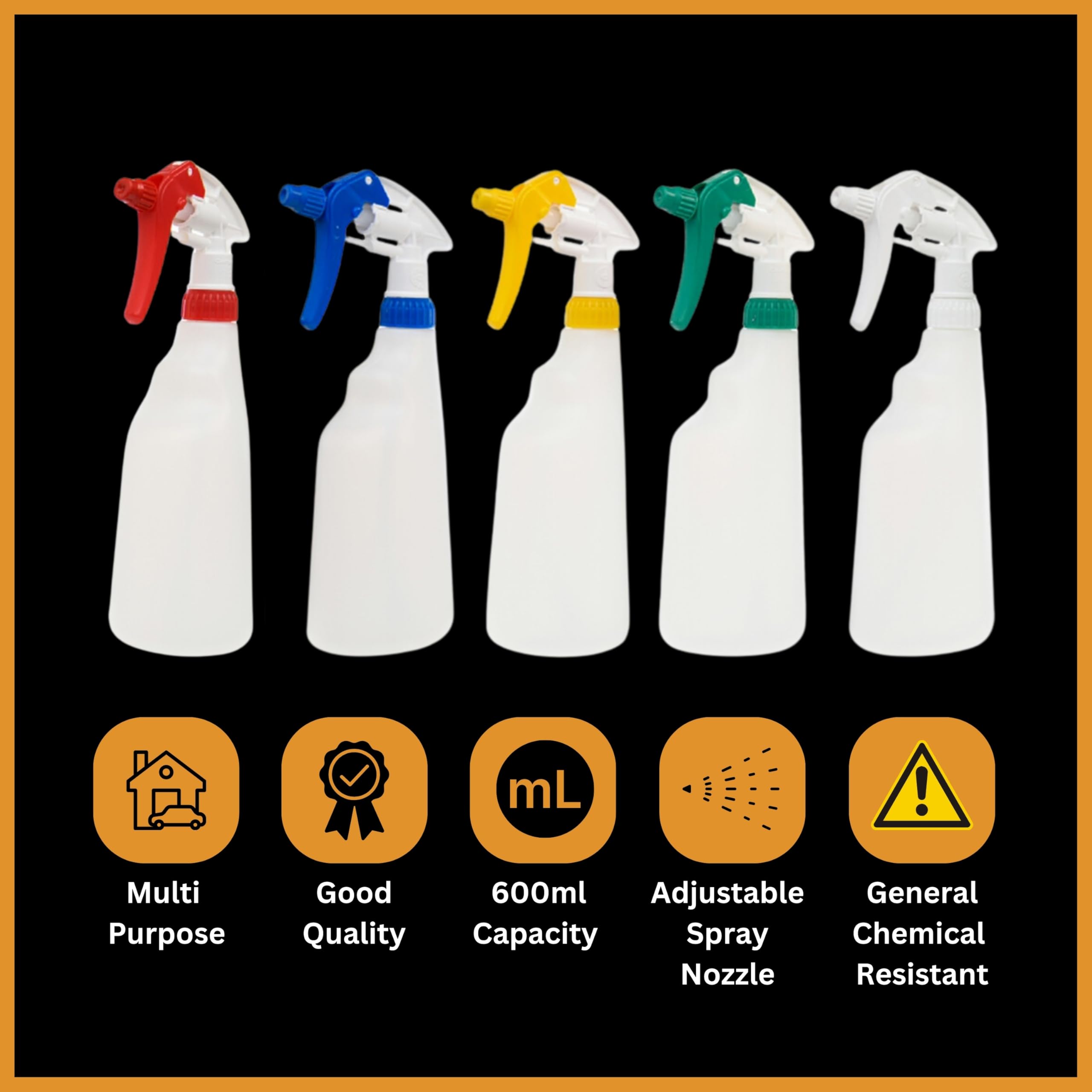Tek Automotive Lot de 5 flacons vaporisateurs vides de 600 ml avec buse réglable, résistants aux produits chimiques, anti-fuite, pour cheveux, nettoyage, détails de voiture, essentiels de jardinage