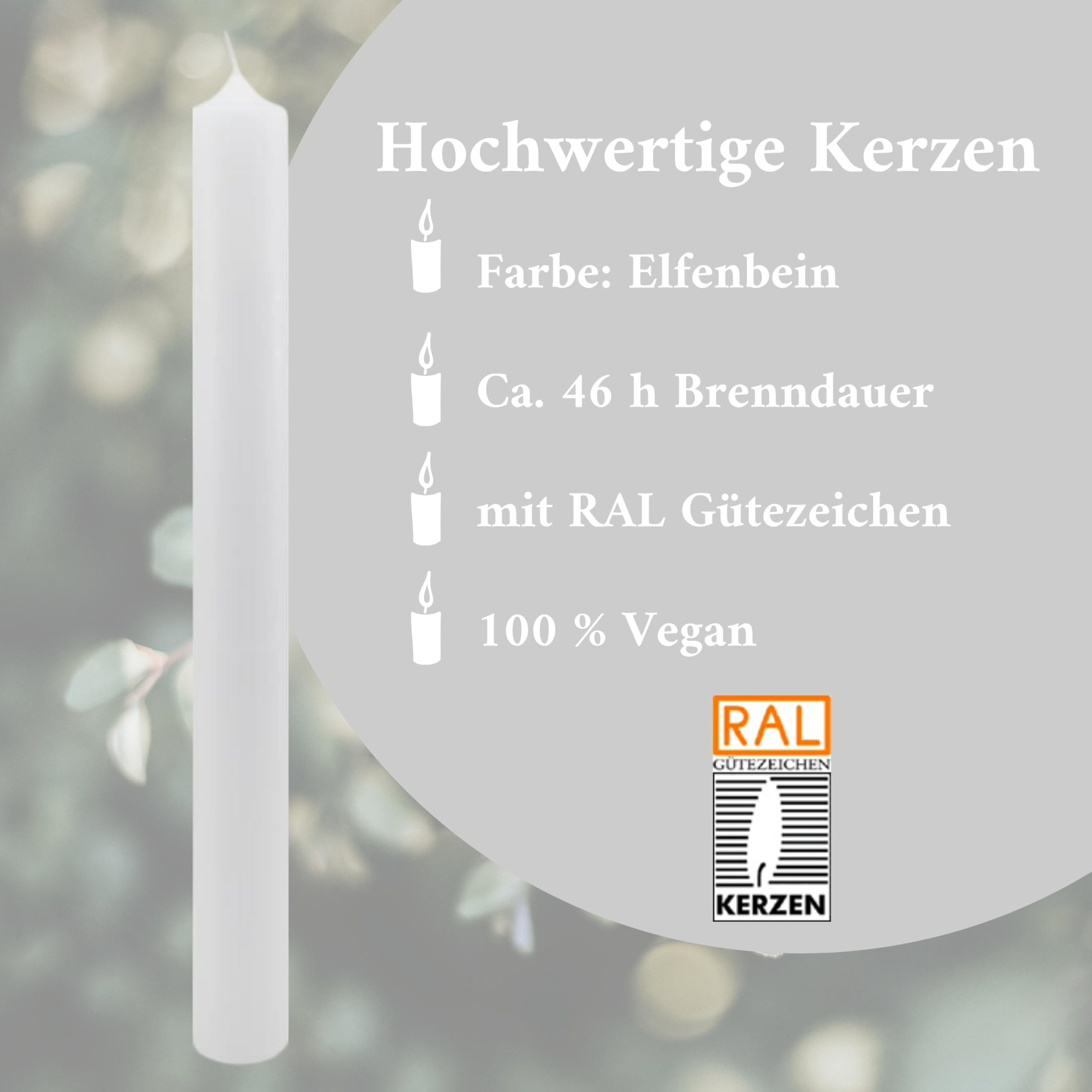 VILLA ROSA LOTTA – Personalisierbare Kommunionkerze „Hanno“ mit Wunschdaten, Rückseite und Holzbox | Eukalyptus Kranz und Spruch | 40 cm x 4 cm | für Jungen und Mädchen | Altarkerze elfenbein