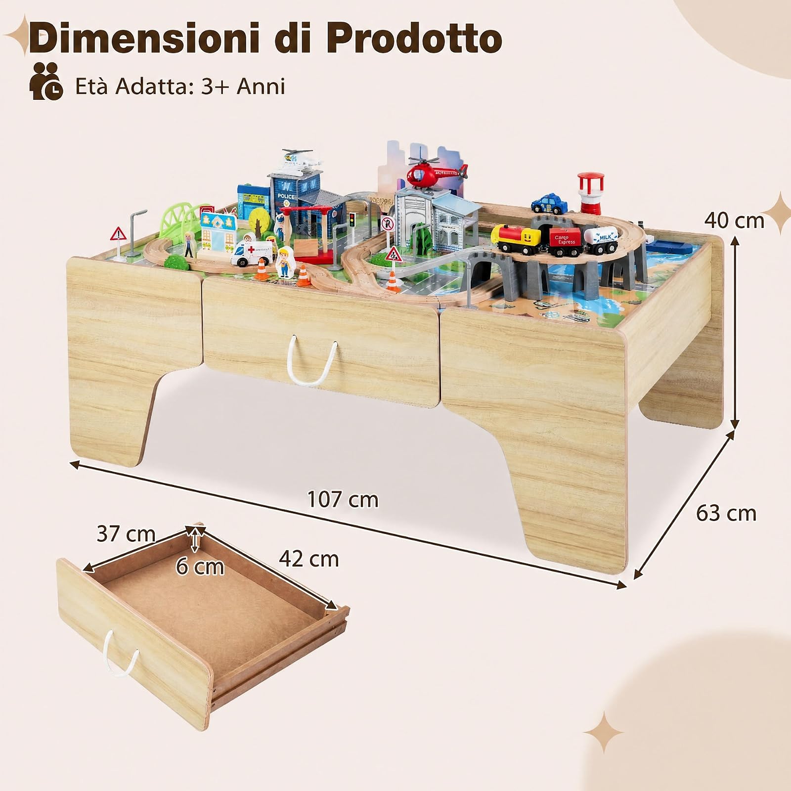 COSTWAY Tavolo Attività per Bambini 3+ Anni, con 110 pz Giocattoli Trenino | Tavolino Creativo con Cassetto e Piano Reversibile e Rimovibile, con Binari, Sistema di Traffico e Mappa, per Gioco e Studio