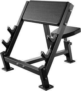Fitness Adjustable Arm Bicep Tricep Preacher Curl Bench and Machine，Seated Barbell Dumbbell Workout Equipment Station for Home Gym
