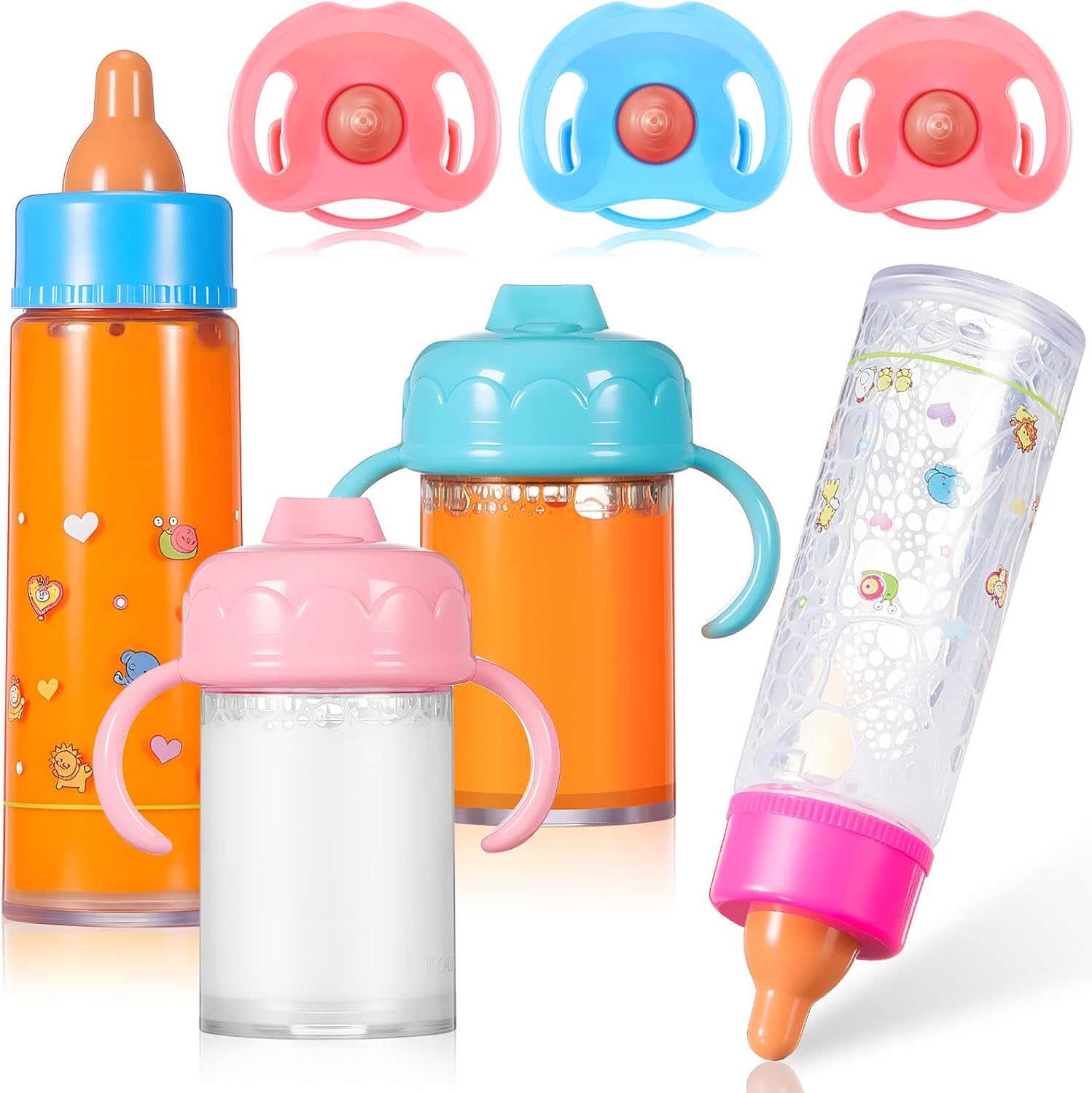 Seematn 7 Pcs Baby Doll Bottles Accessories Disappearing Doll Feeding Set Milk and Juice Bottles with Toy Pacifier Baby Bottle Toy for Kids Gift Reborn Accessories(Small,Cute Style)