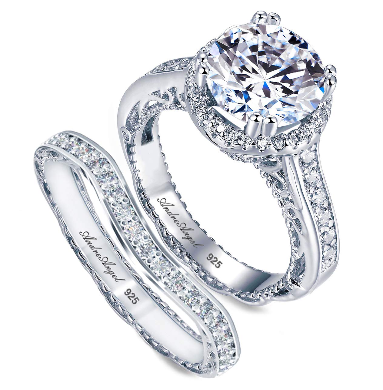 AndreAngelSolid Sterling Silver 925 Rhodium-Platinum Plated White Gold Color | Engagement Ring Set Promise 2.5 Carats Round Cut Cubic Zirconia Stones Grade AAAAA+ Alternative to Diamonds | Wedding