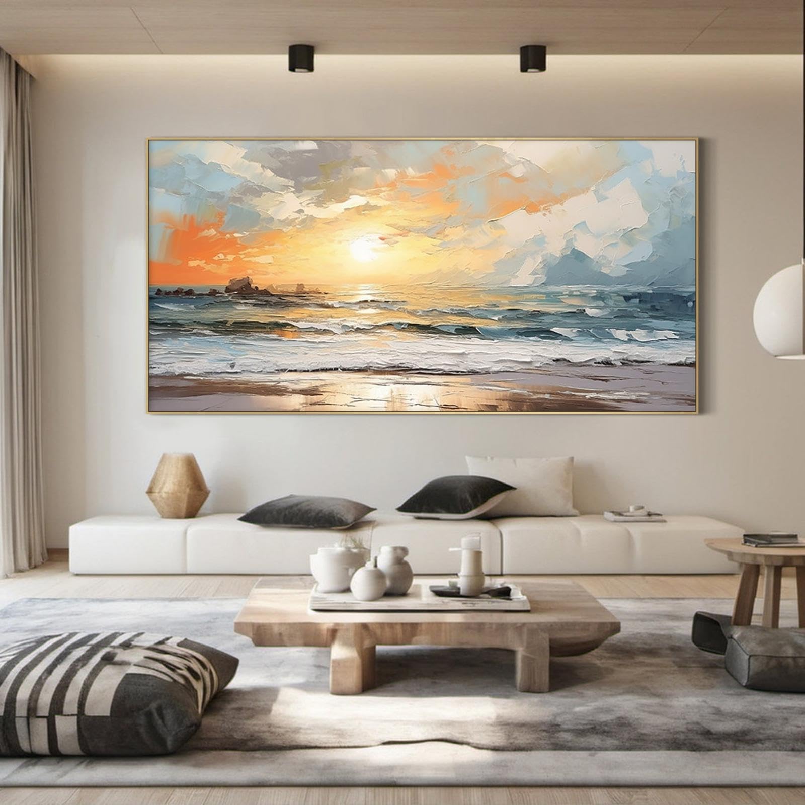 lianyibo Dipinto su tela con onde dell'alba sull'oceano, paesaggio marino astratto, decorazione da parete per soggiorno, camera da letto o arredamento ispirato alla costa, 80x160 cm, senza cornice.
