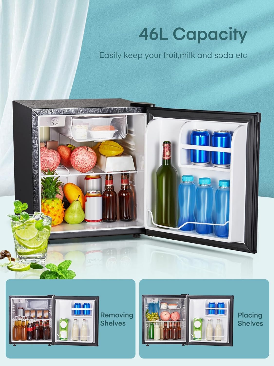 FOHERE 1.6 Cu. Ft Mini Fridge for Bedroom with Freezer, Small Refrigerator with 7-Temperature Control, Removable Shelves for Home, Black, BC-46-E