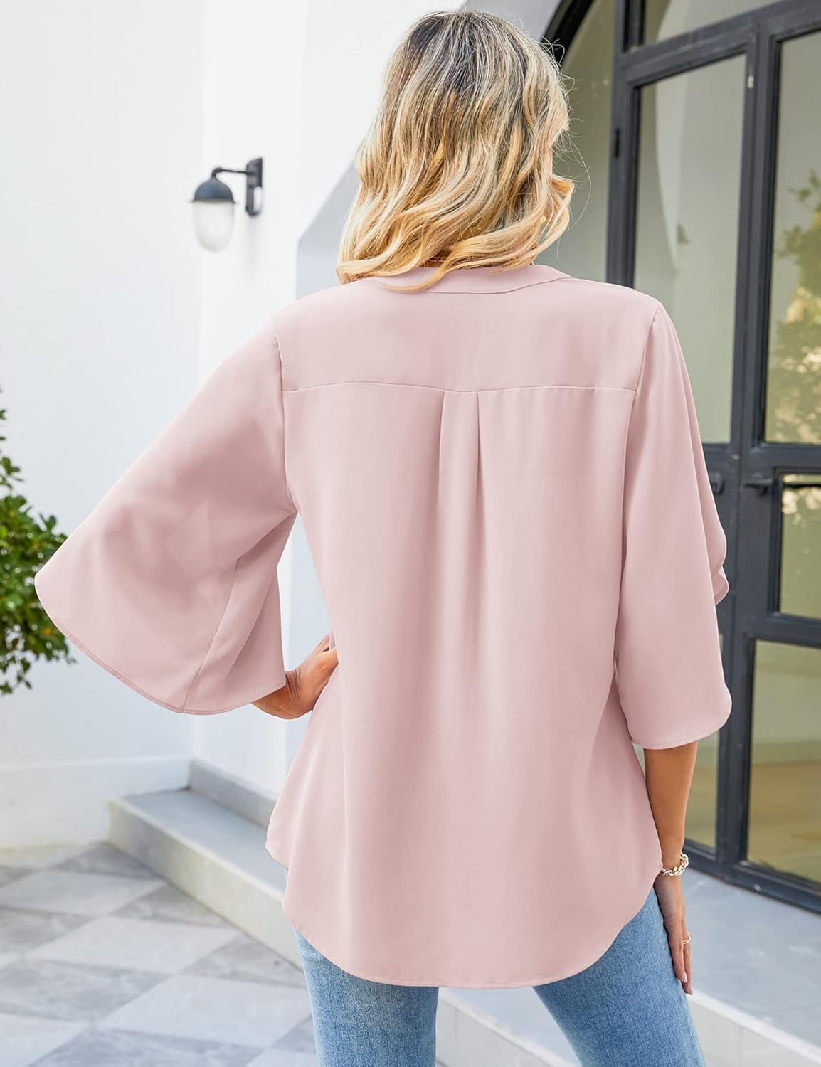 LUYAA Women's Casual Chiffon Blouse Tops 3/4 Ruffled Sleeve V Neck Loose Fit Blouses Shirts - Image 4