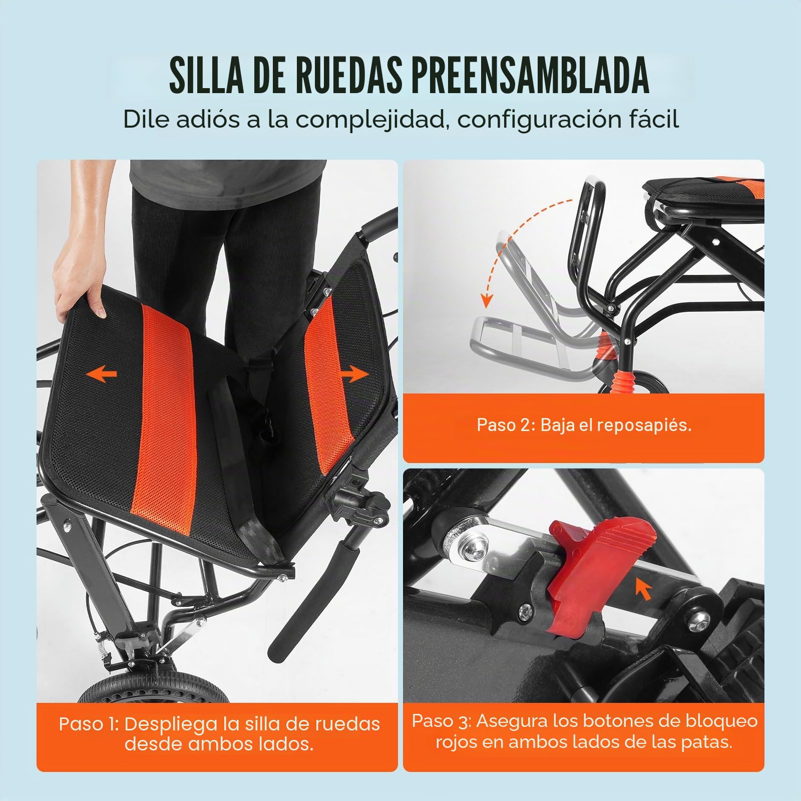 VEVOR Silla de Ruedas Plegable de Transporte Ultraligera de Aleación de Aluminio para Adultos, con Brazos Abatibles hasta el Largo del Escritorio, Freno Autoblocante, Carga 100 kg, 915 x 580 x 912 mm