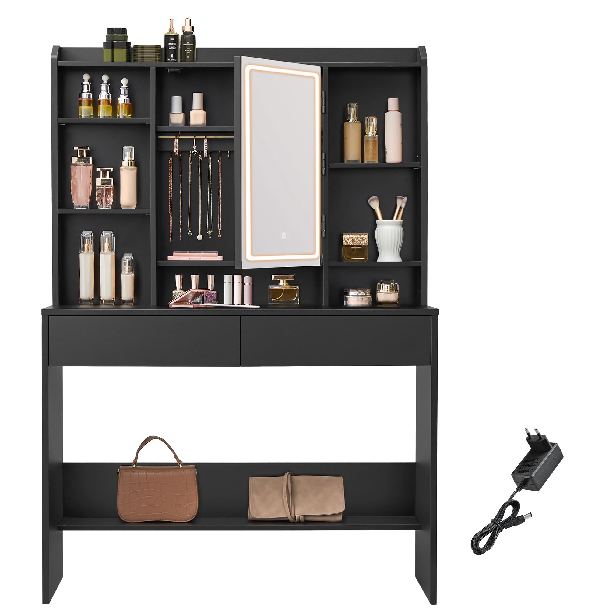 Coiffeuse Avec Miroir LED VASAGLE - 3 Couleurs Lumineuses Réglables - 2 Tiroirs Et étagères - Noir