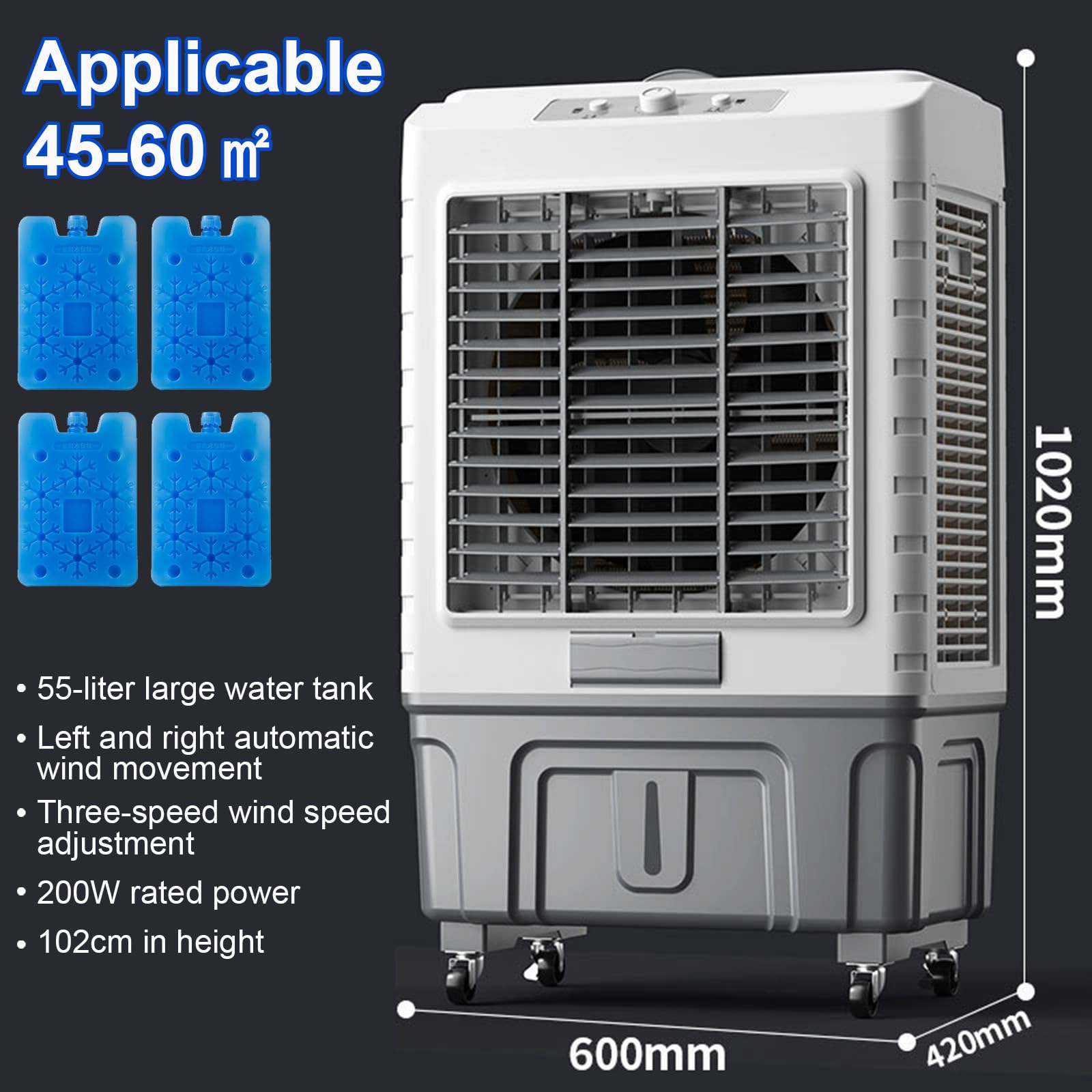 Enfriador de aire evaporativo industrial comercial de 3 velocidades, portátil, oscilación automática de 120°, tanque de gran capacidad para el hogar, oficina, tienda, solución de refrigeración