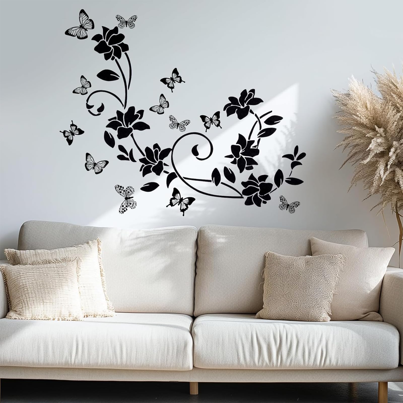 2 Sets Stickers Muraux Noir Design Moderne Fleurs Vigne et Papillons Autocollant PVC Autocollant pour Decoration Miroir Glass Fenêtre Surface Lisse Salon Chambre Salle de Bain Bureau 30x90cm
