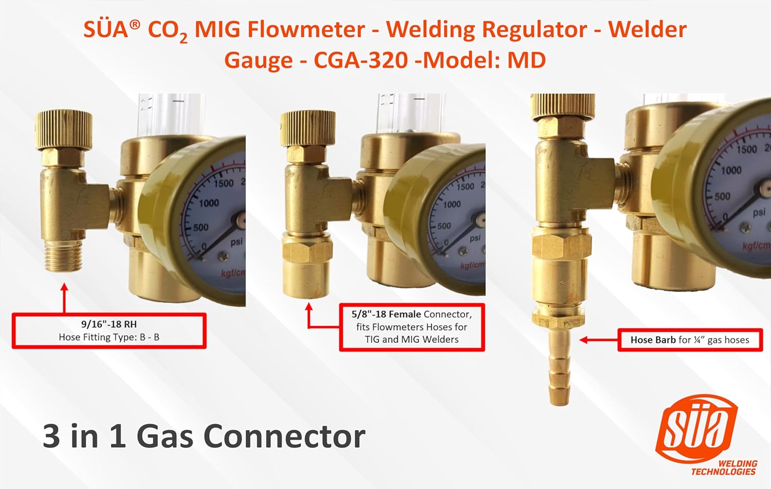 SÜA - Carbon Dioxide CO2 MIG Flowmeter - Welding Regulator with 5 Feet Argon Hose - CGA 320 - Model: MD
