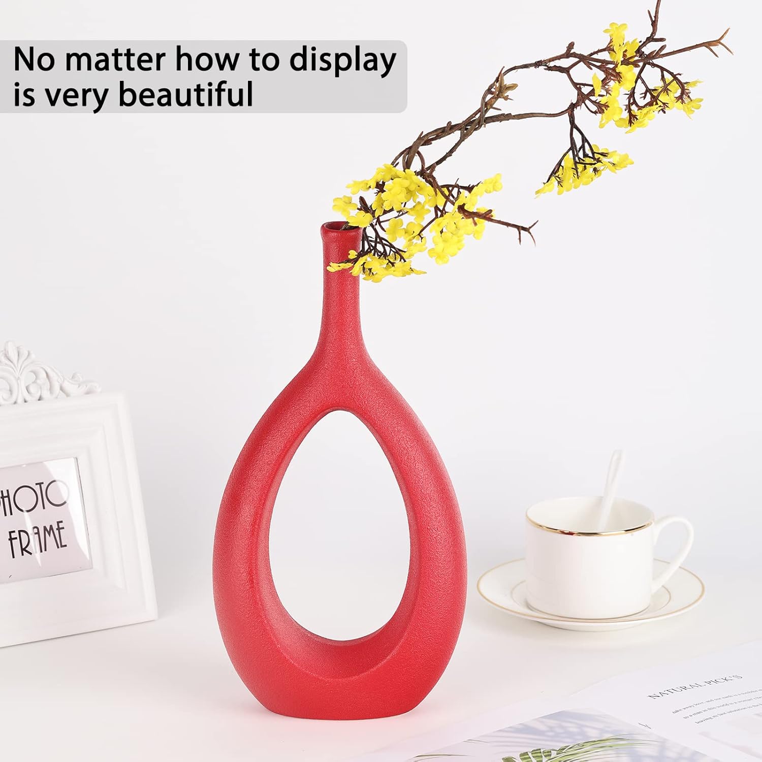 Red Ceramic Hollow Elliptical Vase Set of 2 - Boho Circle Vase with Hole, for Modern Red Table Decor, Living Room Decor Shelf mid Century Modern Home Entrance Decorative vase - Image 3