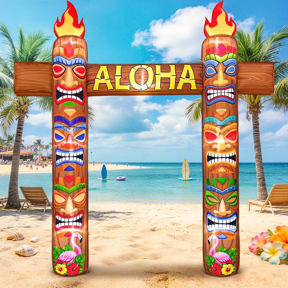 KOOY 9 FT Giant Inflatables Aloha Arch, Built in LED Lights Tiki Hawaiian Luau Party Decorations, Summer Inflatables Archway Outdoor, Tropical Birthday Party Decor for Luau Tiki Bar Beach Pool Patio
