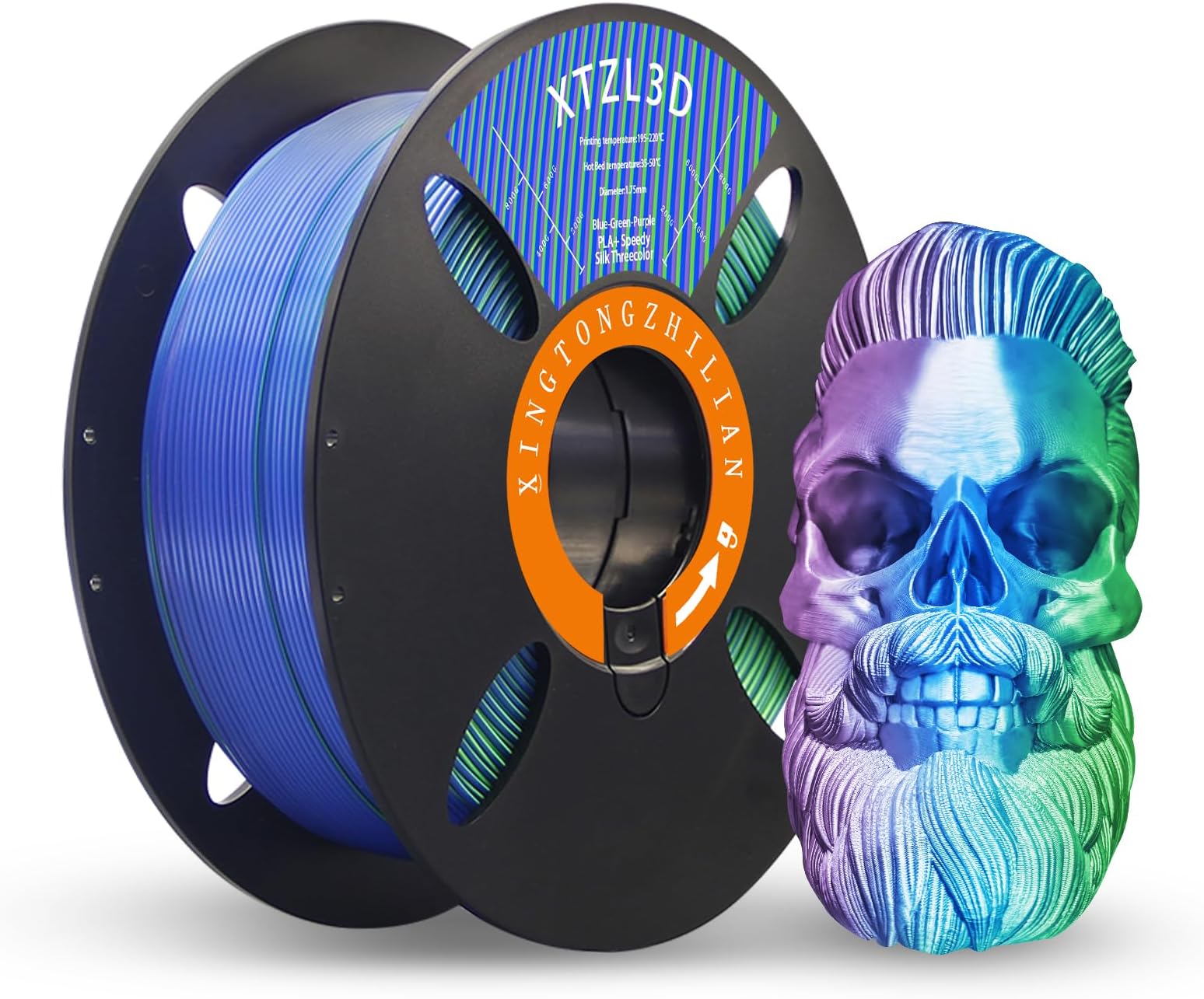 XTZL3D High-Speed PLA+ 3D Printer Filament, Trichromatic Coextrusion 1.75mm Diameter with +/- 0.02mm, Reusable Spool Compatible with Bambu AMS & Most FDM Printers, 2.2LB/Spool - Blue-Green-Purple