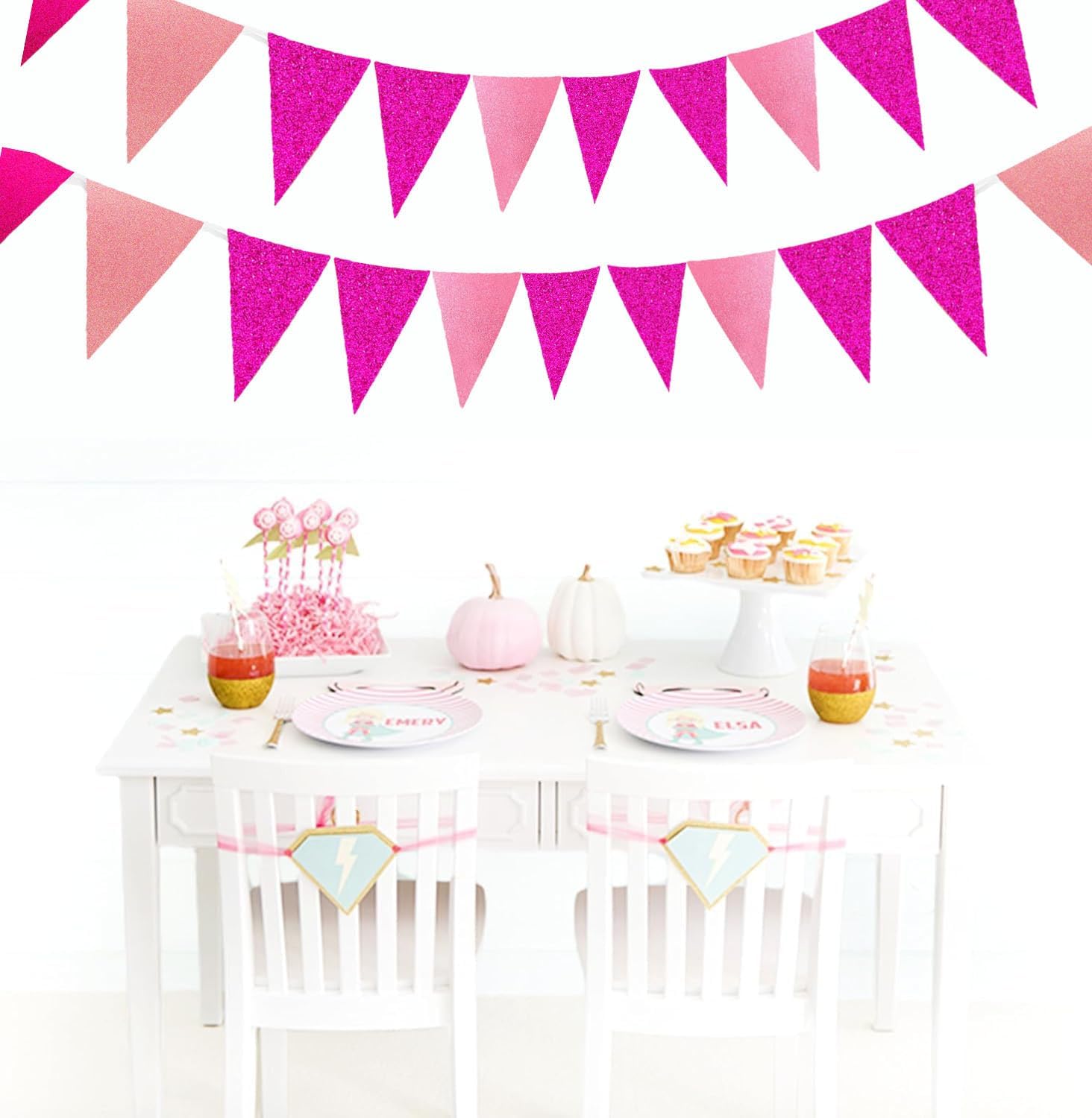 Hot Pink and Pink Glitter Pennant Banner Party Decorations Wedding Bridal Shower Hanging Paper Triangle Flags Streamers for Wedding Birthday Bachelorette Engagement Home Nursery Party Decor (48 Pcs) - Image 7