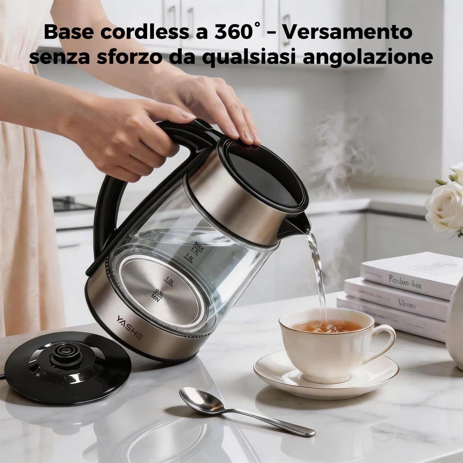 YASHE Bollitore Elettrico in Vetro con Controllo Temperatura, 1,7L Bollitura Rapida 2200W, Display LED a 5 Colori, 30 Min Mantenimento in Caldo, Filtro Anticalcare