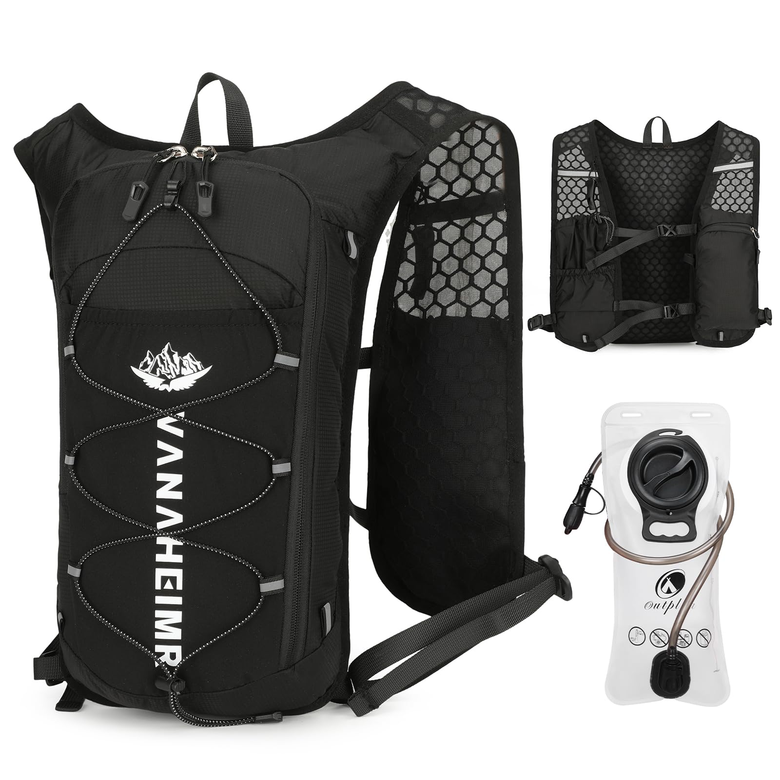 Outplea Ultralight Running Vest with 2L Water Bladder, Reflective Running Backpack Men Women, Comfortable Hydration Pack for Cycling Marathon Hiking, Black