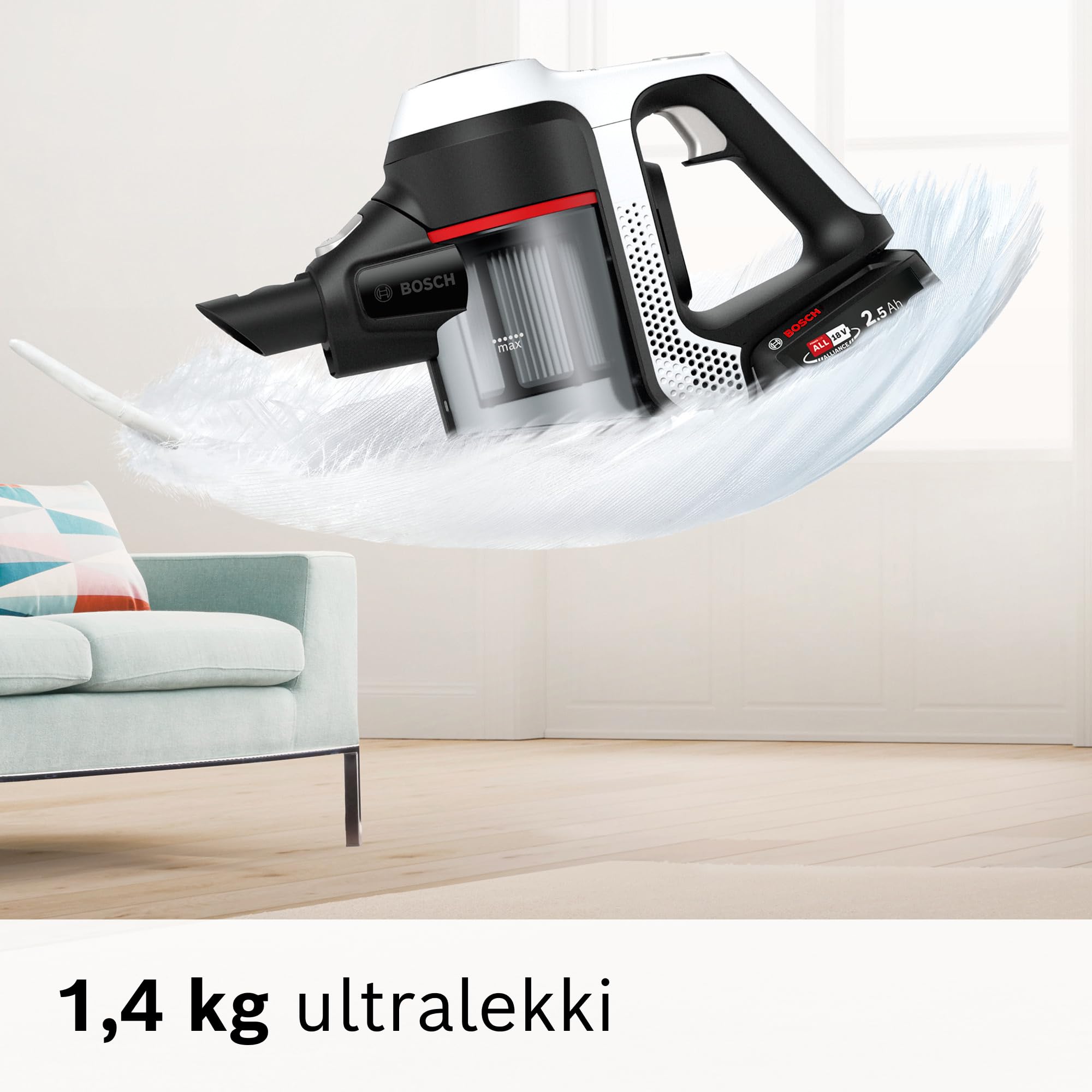 Bosch, Unlimited BCS611AM Series 6, odkurzacz bezprzewodowy, wysoka moc ssania, długi czas pracy, lekka konstrukcja, wydajny silnik, wyprodukowano w Niemczech, biały