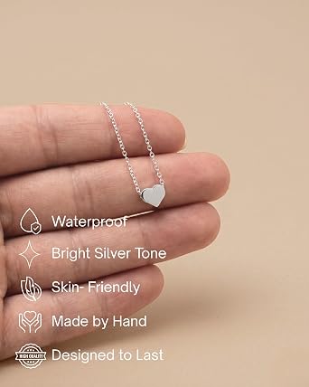 Annika Bella Silver Heart Necklace for Women, Waterproof Dainty Sliding Bead Heart Charm Necklace, Adjustable Minimalist Everyday Jewelry Gift for Her
